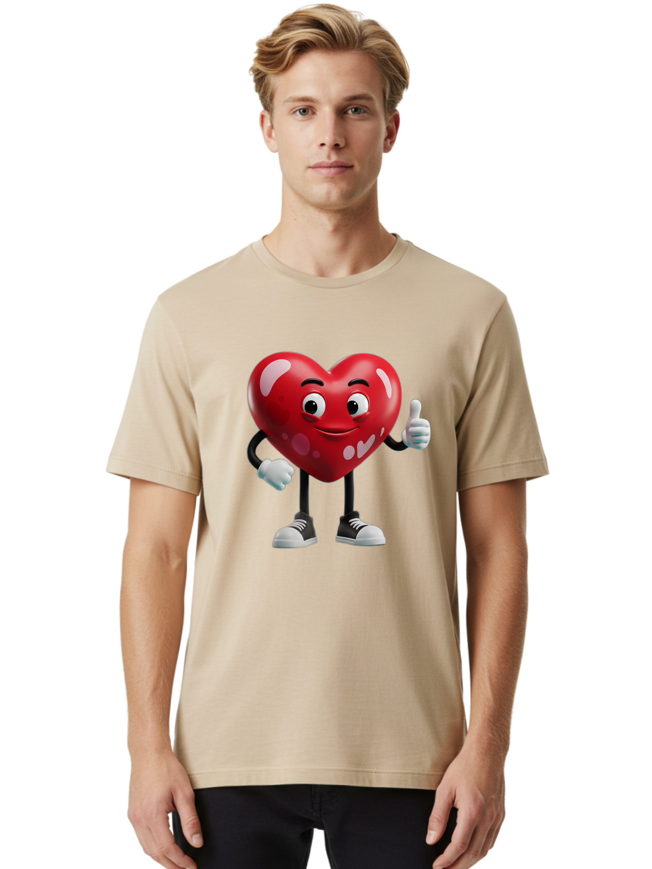 Heart-Character Men'S Graphic Tee, 100% Cotton, Comfortable Casual Summer Wear, Machine Washable, Cartoon Heart, Red Heart, Smiling Face, Thumbs Up, Approval, Positivity, Love, Happiness, Friendship, Gesture Of Approval, Cartoon Character Bae197