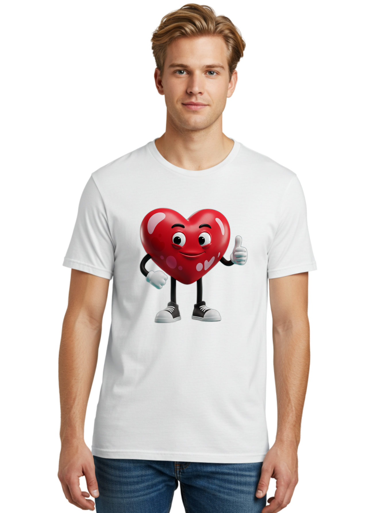 Heart-Character Men'S Graphic Tee, 100% Cotton, Comfortable Casual Summer Wear, Machine Washable, Cartoon Heart, Red Heart, Smiling Face, Thumbs Up, Approval, Positivity, Love, Happiness, Friendship, Gesture Of Approval, Cartoon Character Bae197