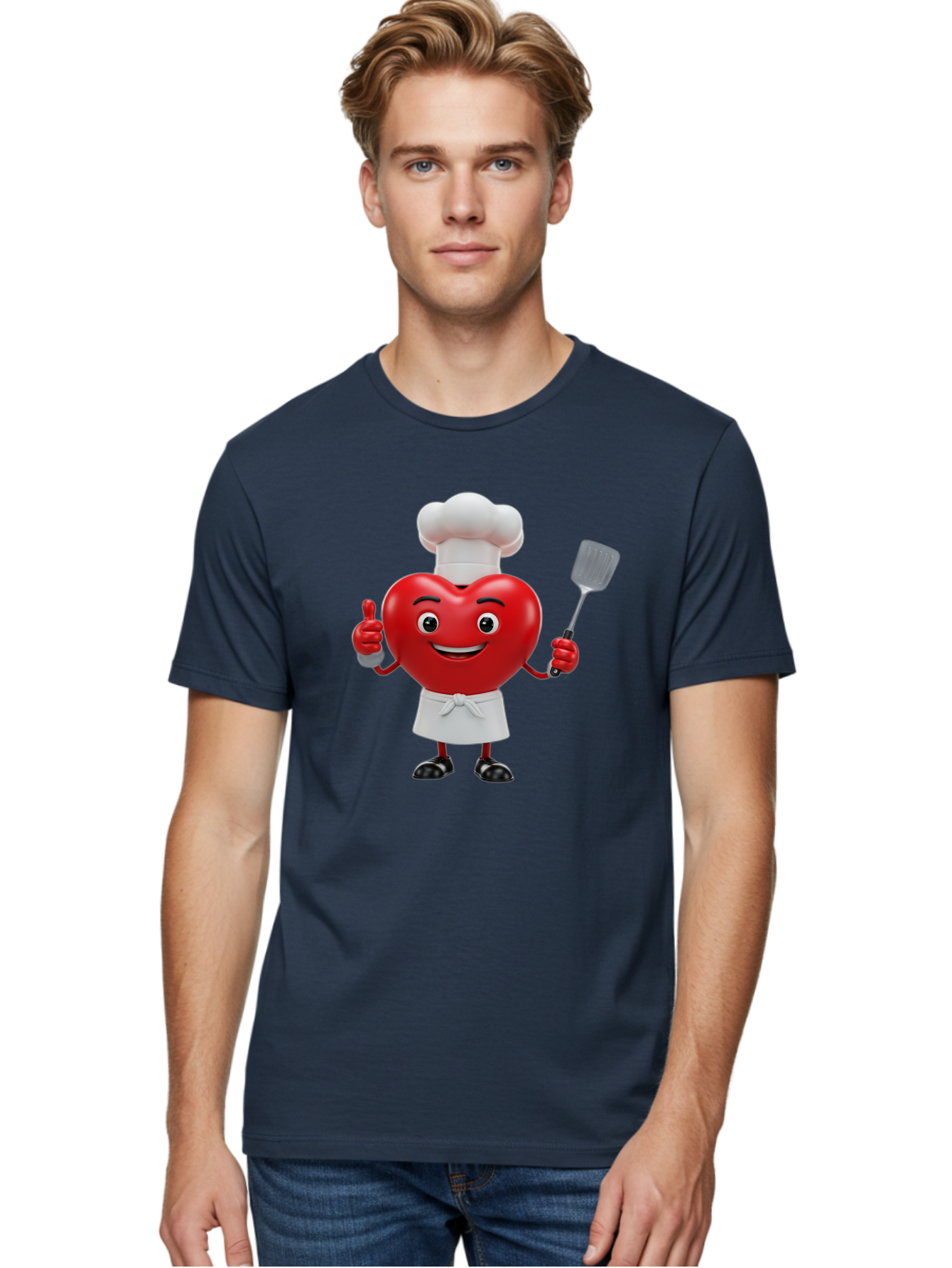 Heart-Chef Men'S Graphic Tee, 100% Cotton, Comfortable Casual Summer Wear, Machine Washable, Heart-Shaped Chef Mascot, Cooking With Love, Chef Hat, White Apron, Thumbs Up, Approval, Kitchen Tool, Culinary Delight, Cartoon Character, Bae198