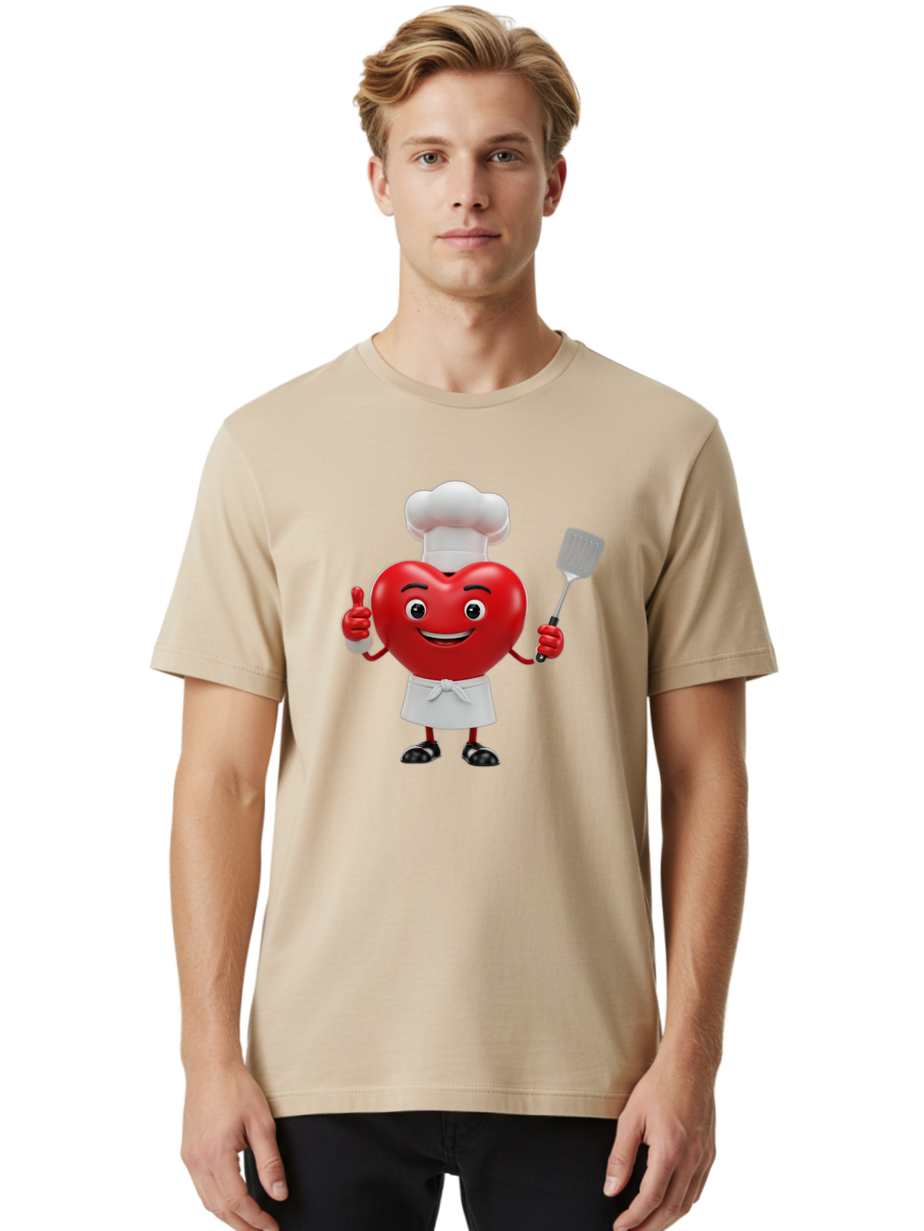 Heart-Chef Men'S Graphic Tee, 100% Cotton, Comfortable Casual Summer Wear, Machine Washable, Heart-Shaped Chef Mascot, Cooking With Love, Chef Hat, White Apron, Thumbs Up, Approval, Kitchen Tool, Culinary Delight, Cartoon Character, Bae198