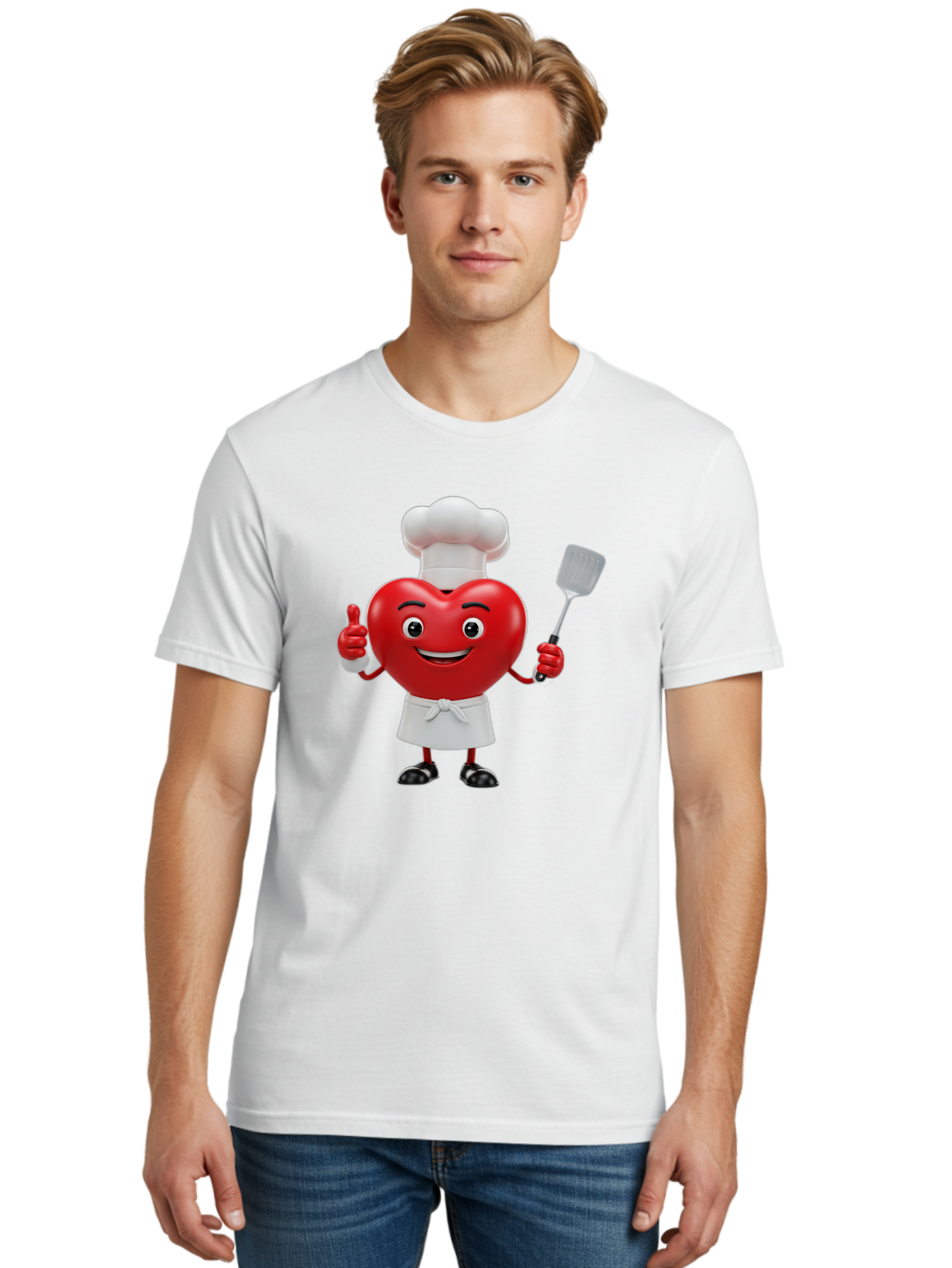 Heart-Chef Men'S Graphic Tee, 100% Cotton, Comfortable Casual Summer Wear, Machine Washable, Heart-Shaped Chef Mascot, Cooking With Love, Chef Hat, White Apron, Thumbs Up, Approval, Kitchen Tool, Culinary Delight, Cartoon Character, Bae198