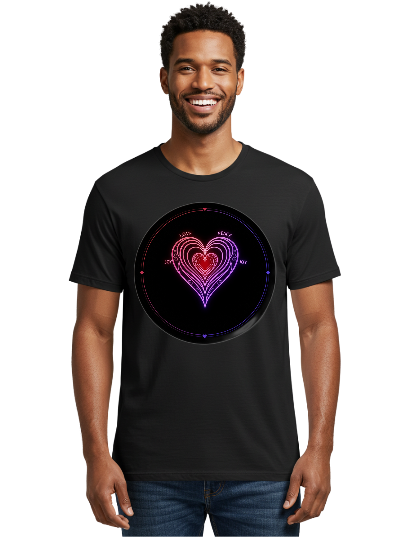 Heart-Of-Love Men'S Graphic Tee, 100% Cotton, Comfortable Casual Summer Wear, Machine Washable, Heart Symbol, Love Peace Joy, Neon Lights, Layered Hearts, Gradient Colors, Circular Design, Emotional Wellness, Positive Vibes, Bae199