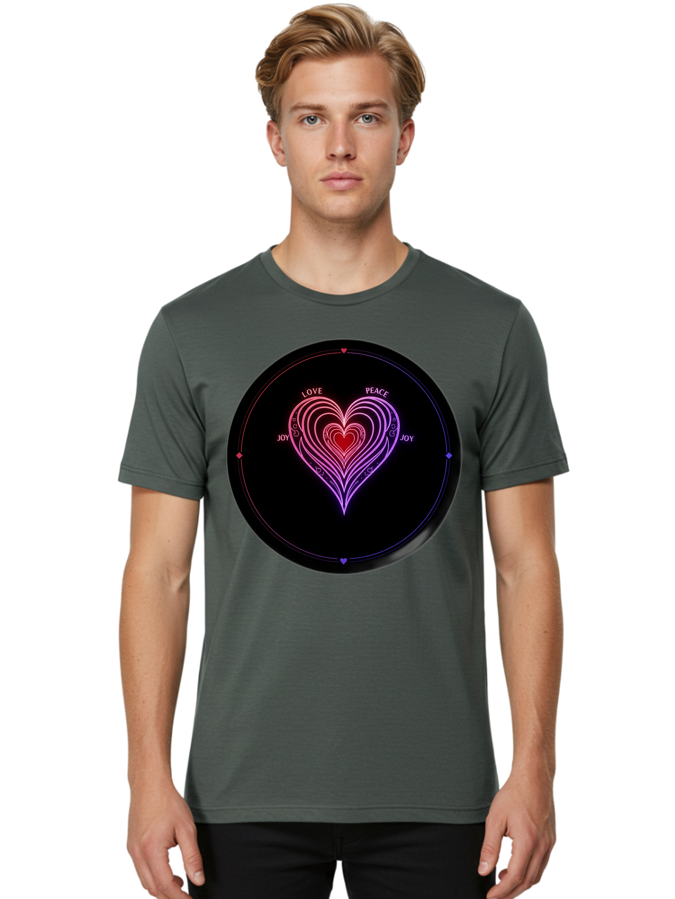 Heart-Of-Love Men'S Graphic Tee, 100% Cotton, Comfortable Casual Summer Wear, Machine Washable, Heart Symbol, Love Peace Joy, Neon Lights, Layered Hearts, Gradient Colors, Circular Design, Emotional Wellness, Positive Vibes, Bae199