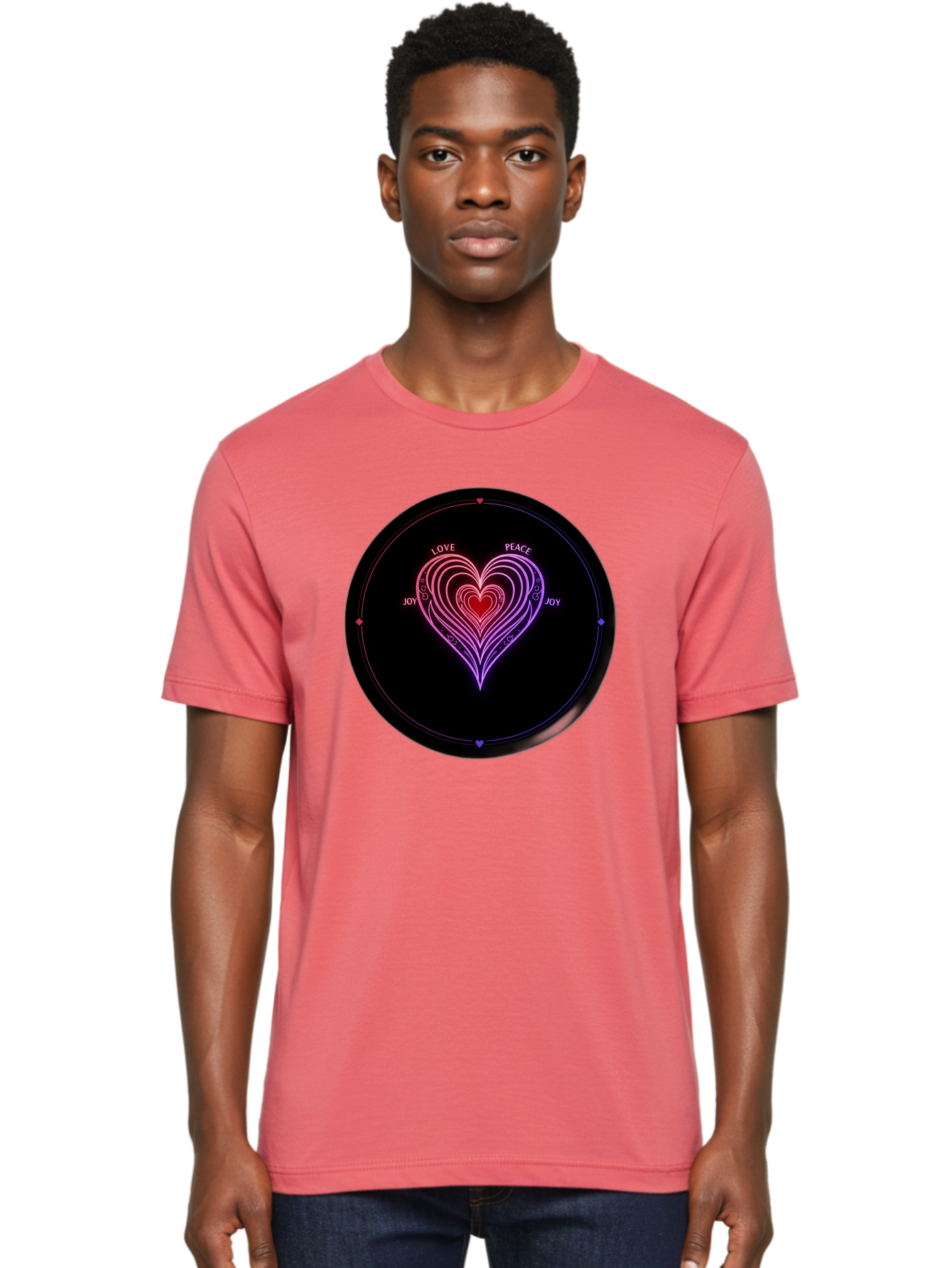 Heart-Of-Love Men'S Graphic Tee, 100% Cotton, Comfortable Casual Summer Wear, Machine Washable, Heart Symbol, Love Peace Joy, Neon Lights, Layered Hearts, Gradient Colors, Circular Design, Emotional Wellness, Positive Vibes, Bae199