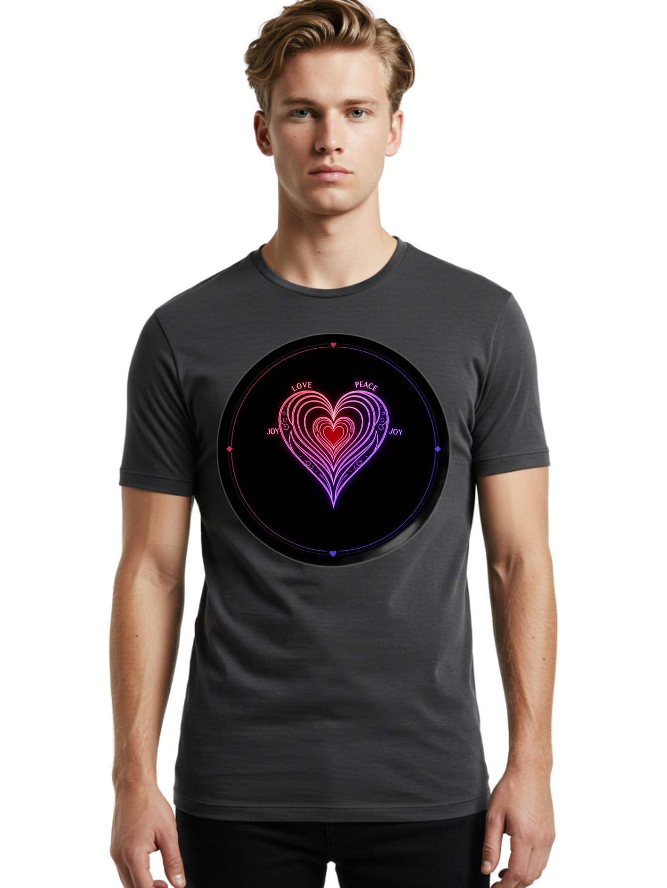 Heart-Of-Love Men'S Graphic Tee, 100% Cotton, Comfortable Casual Summer Wear, Machine Washable, Heart Symbol, Love Peace Joy, Neon Lights, Layered Hearts, Gradient Colors, Circular Design, Emotional Wellness, Positive Vibes, Bae199