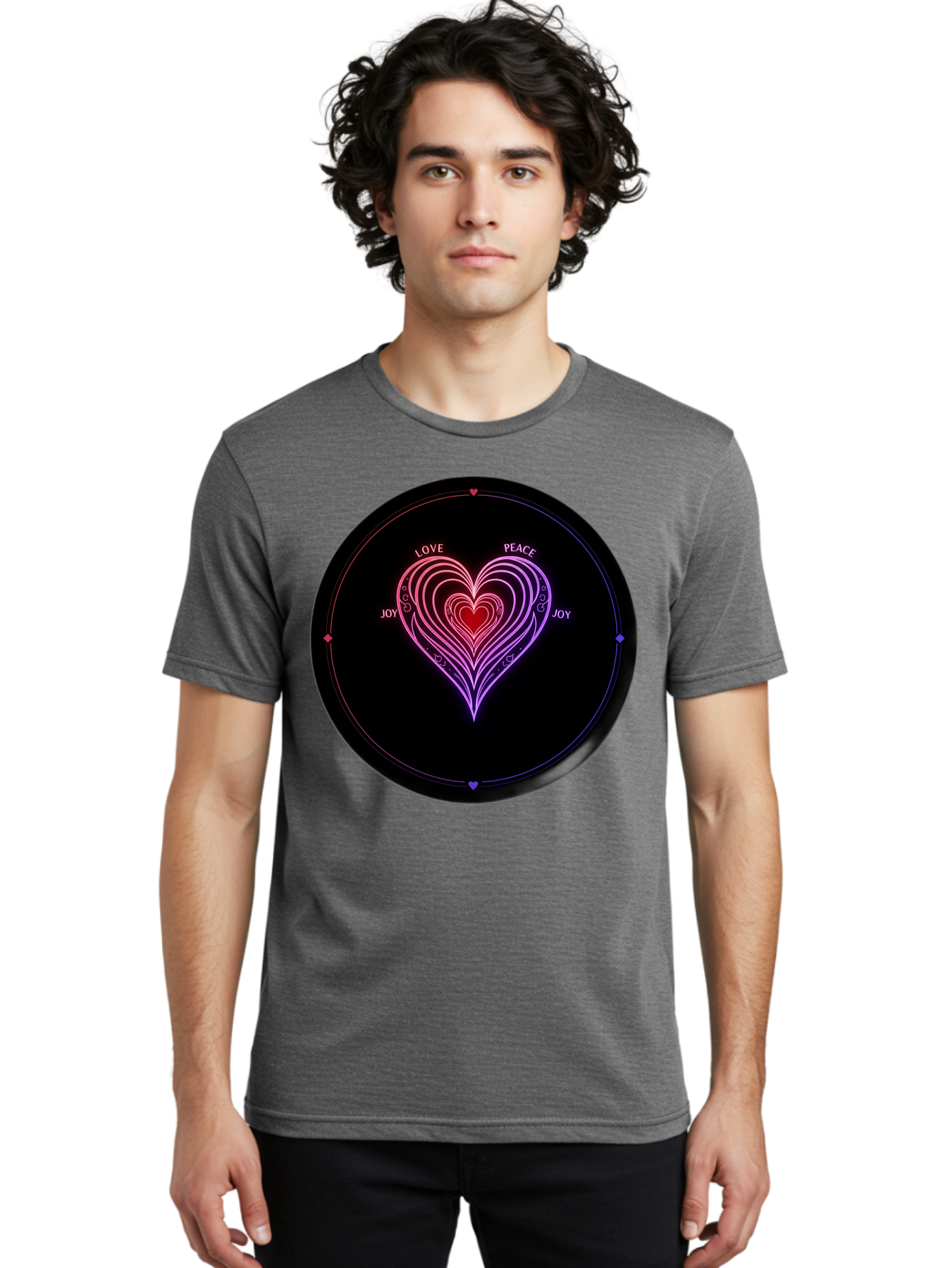 Heart-Of-Love Men'S Graphic Tee, 100% Cotton, Comfortable Casual Summer Wear, Machine Washable, Heart Symbol, Love Peace Joy, Neon Lights, Layered Hearts, Gradient Colors, Circular Design, Emotional Wellness, Positive Vibes, Bae199