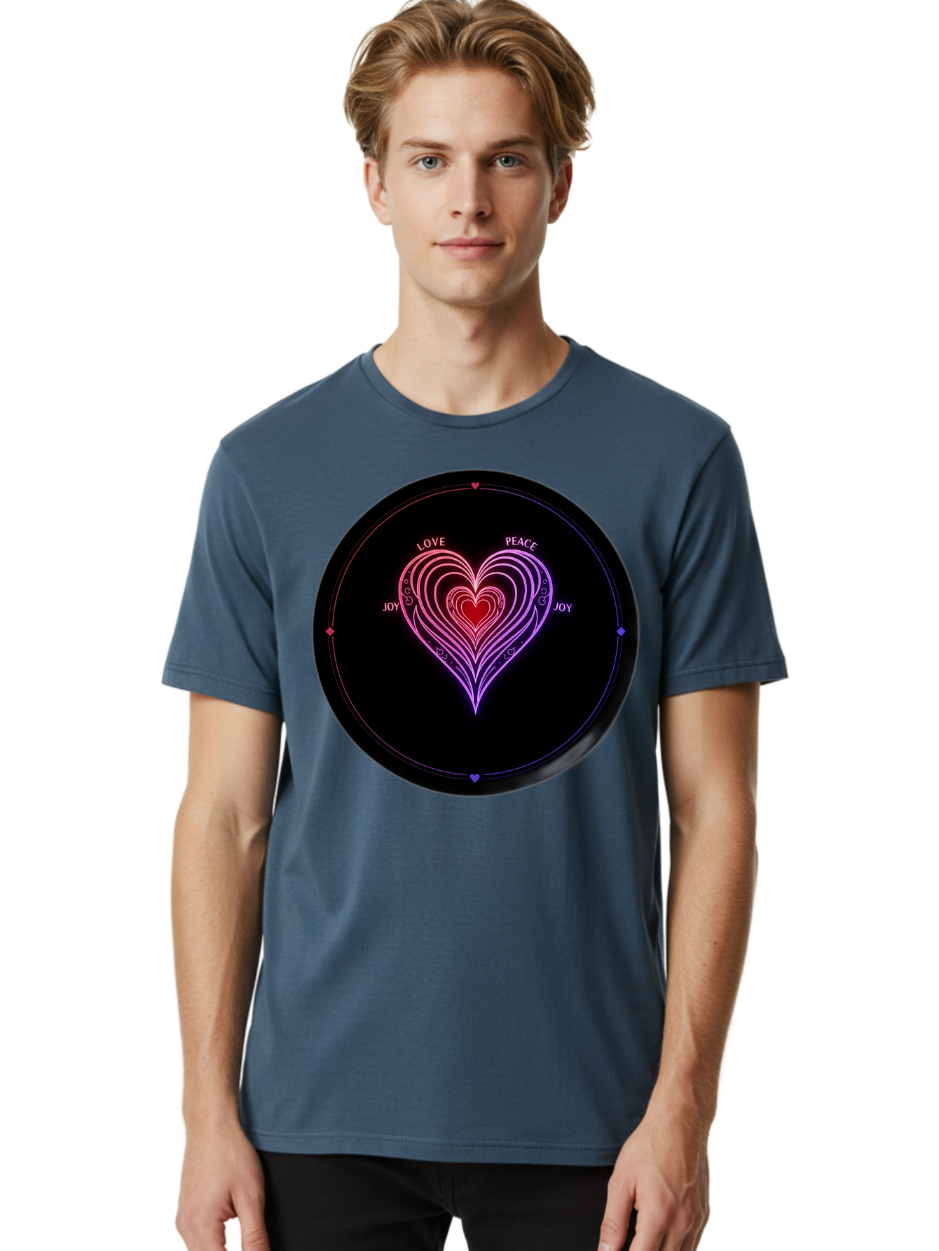 Heart-Of-Love Men'S Graphic Tee, 100% Cotton, Comfortable Casual Summer Wear, Machine Washable, Heart Symbol, Love Peace Joy, Neon Lights, Layered Hearts, Gradient Colors, Circular Design, Emotional Wellness, Positive Vibes, Bae199