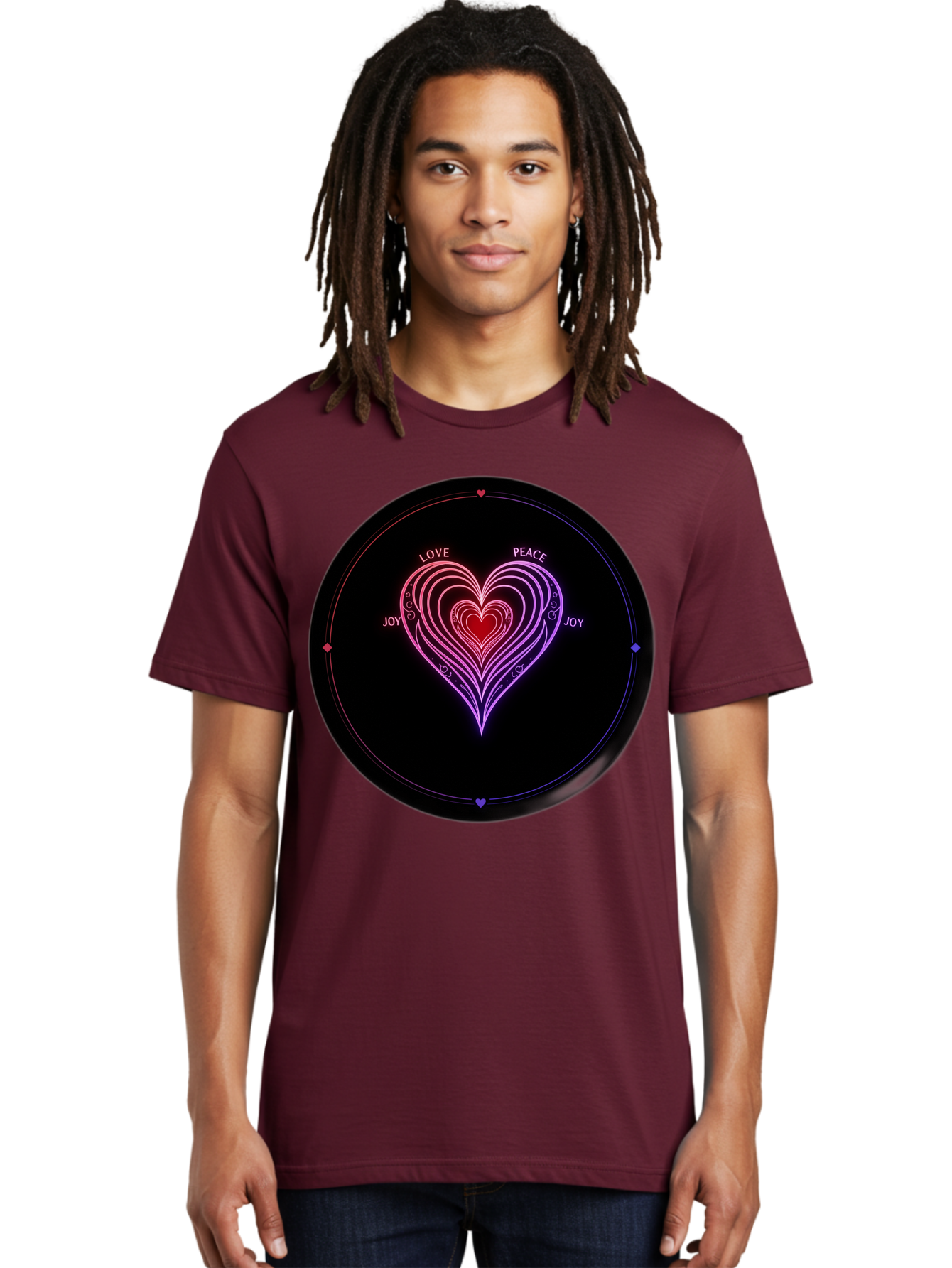 Heart-Of-Love Men'S Graphic Tee, 100% Cotton, Comfortable Casual Summer Wear, Machine Washable, Heart Symbol, Love Peace Joy, Neon Lights, Layered Hearts, Gradient Colors, Circular Design, Emotional Wellness, Positive Vibes, Bae199