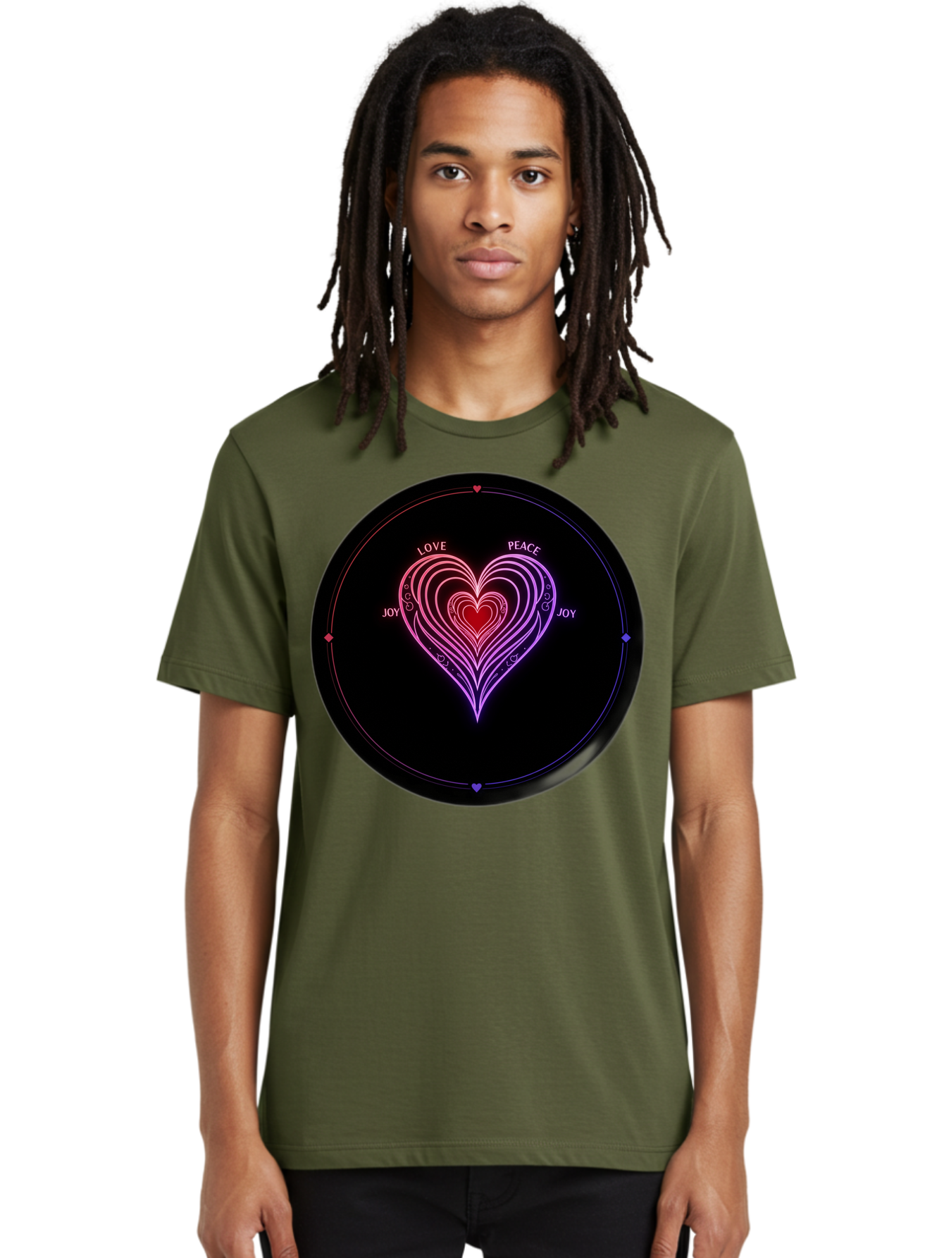Heart-Of-Love Men'S Graphic Tee, 100% Cotton, Comfortable Casual Summer Wear, Machine Washable, Heart Symbol, Love Peace Joy, Neon Lights, Layered Hearts, Gradient Colors, Circular Design, Emotional Wellness, Positive Vibes, Bae199