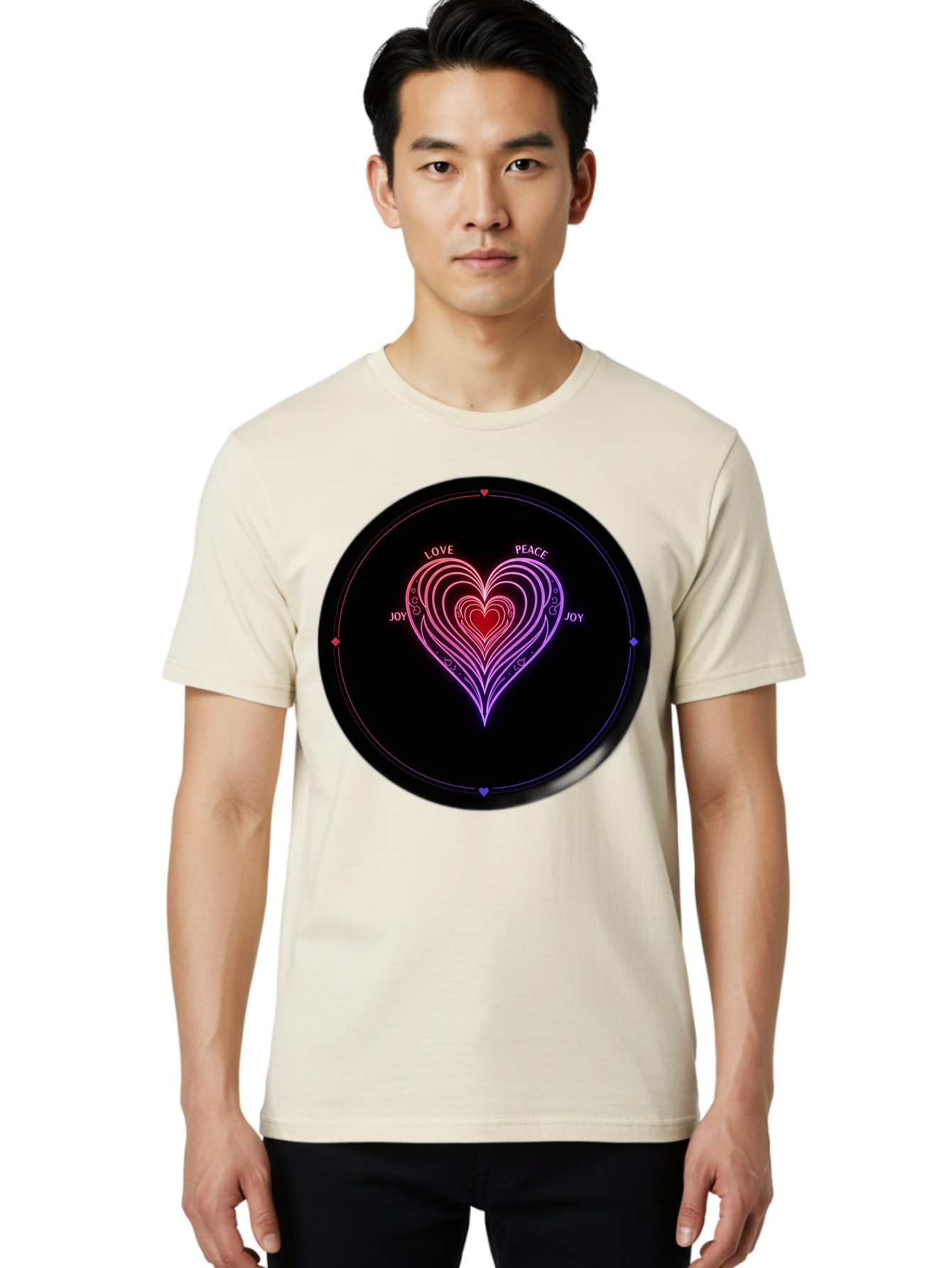 Heart-Of-Love Men'S Graphic Tee, 100% Cotton, Comfortable Casual Summer Wear, Machine Washable, Heart Symbol, Love Peace Joy, Neon Lights, Layered Hearts, Gradient Colors, Circular Design, Emotional Wellness, Positive Vibes, Bae199