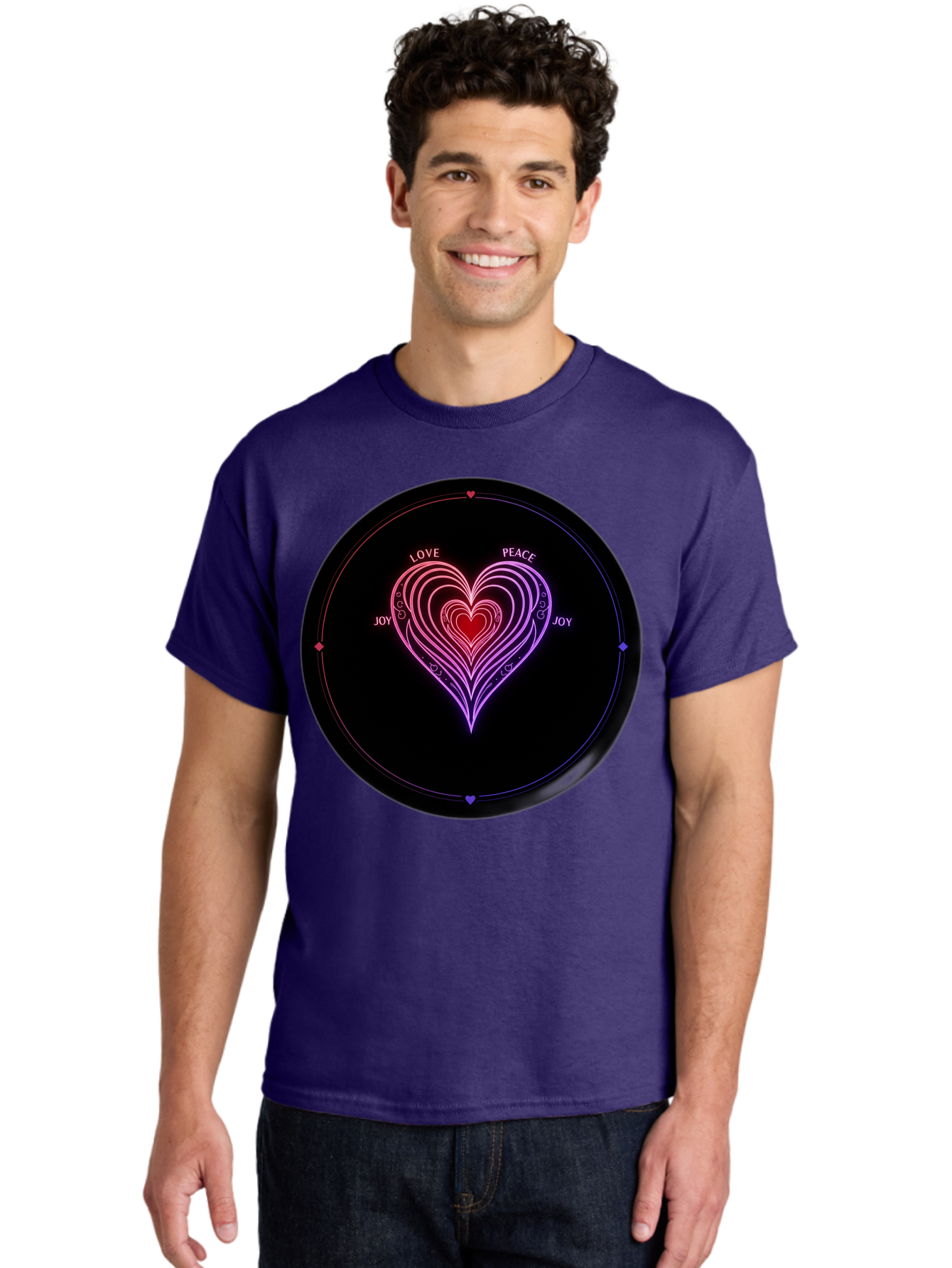 Heart-Of-Love Men'S Graphic Tee, 100% Cotton, Comfortable Casual Summer Wear, Machine Washable, Heart Symbol, Love Peace Joy, Neon Lights, Layered Hearts, Gradient Colors, Circular Design, Emotional Wellness, Positive Vibes, Bae199