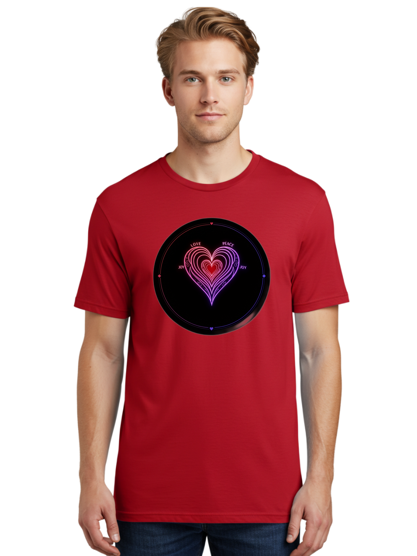 Heart-Of-Love Men'S Graphic Tee, 100% Cotton, Comfortable Casual Summer Wear, Machine Washable, Heart Symbol, Love Peace Joy, Neon Lights, Layered Hearts, Gradient Colors, Circular Design, Emotional Wellness, Positive Vibes, Bae199