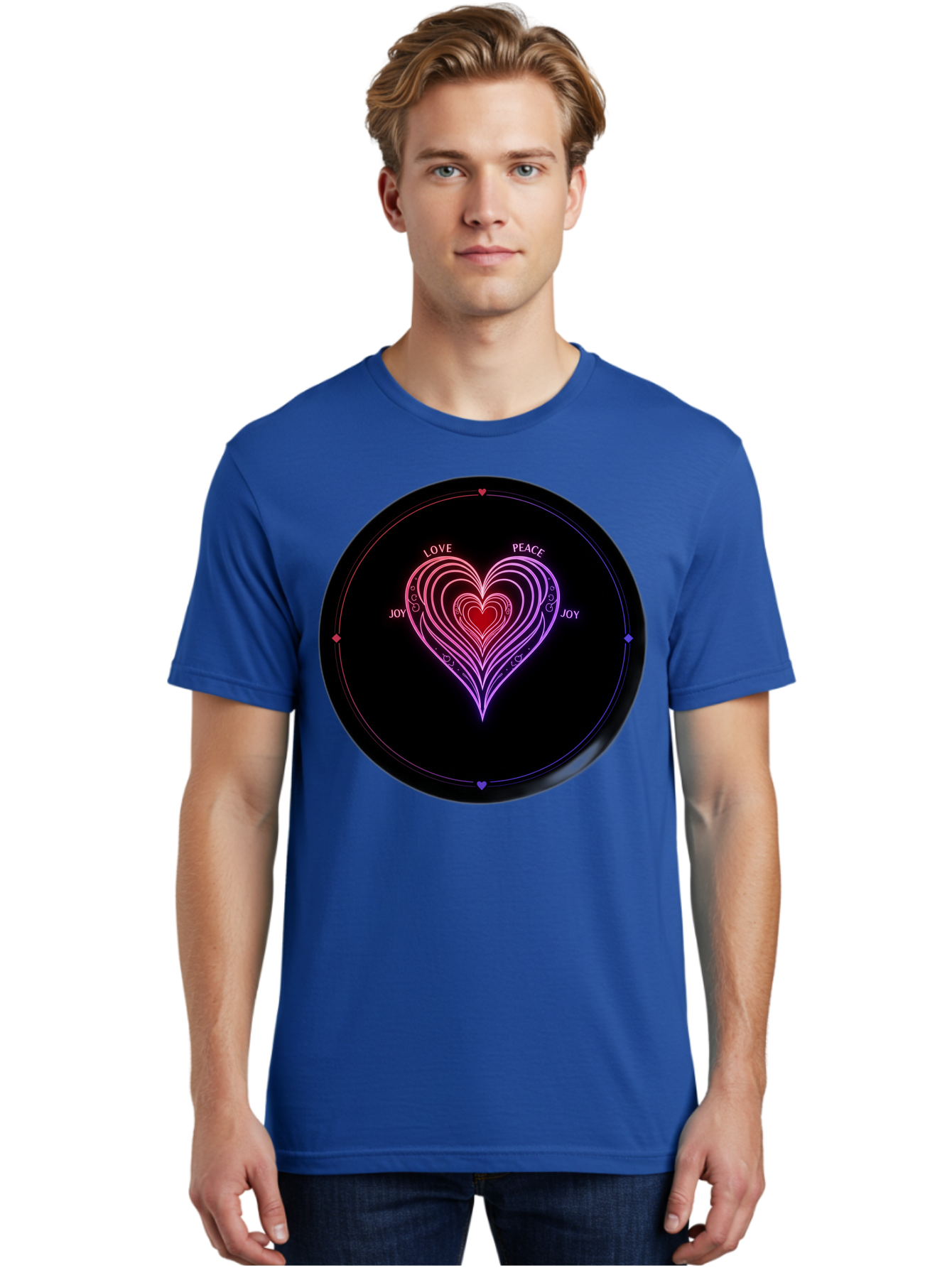 Heart-Of-Love Men'S Graphic Tee, 100% Cotton, Comfortable Casual Summer Wear, Machine Washable, Heart Symbol, Love Peace Joy, Neon Lights, Layered Hearts, Gradient Colors, Circular Design, Emotional Wellness, Positive Vibes, Bae199