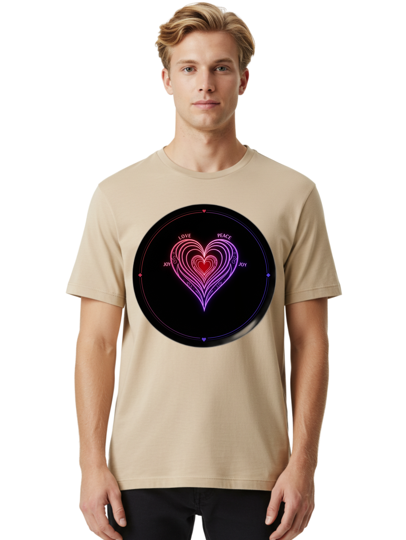 Heart-Of-Love Men'S Graphic Tee, 100% Cotton, Comfortable Casual Summer Wear, Machine Washable, Heart Symbol, Love Peace Joy, Neon Lights, Layered Hearts, Gradient Colors, Circular Design, Emotional Wellness, Positive Vibes, Bae199