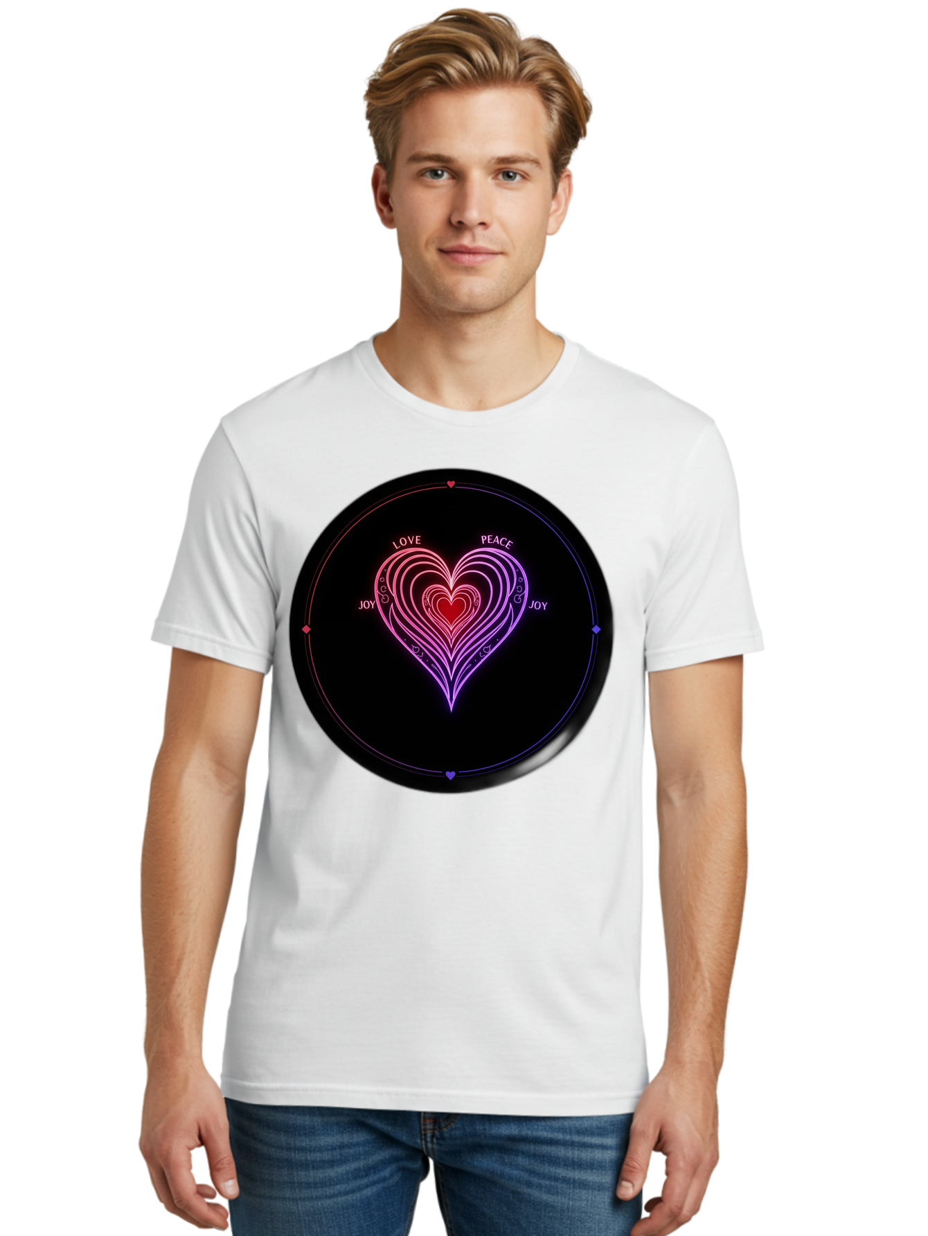 Heart-Of-Love Men'S Graphic Tee, 100% Cotton, Comfortable Casual Summer Wear, Machine Washable, Heart Symbol, Love Peace Joy, Neon Lights, Layered Hearts, Gradient Colors, Circular Design, Emotional Wellness, Positive Vibes, Bae199