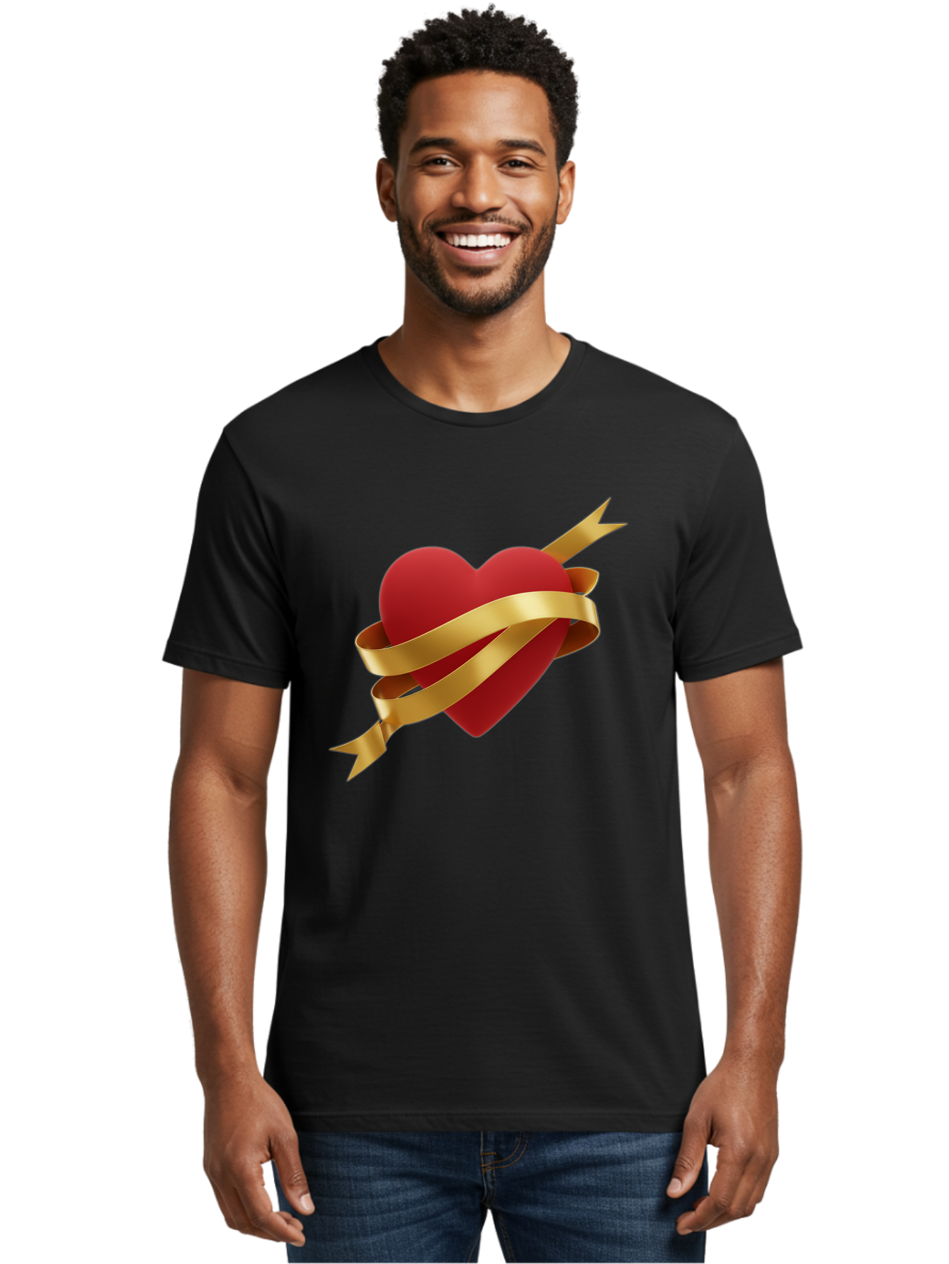 Heart-With-Ribbon-And-Arrow Men'S Graphic Tee, 100% Cotton, Comfortable Casual Summer Wear, Machine Washable, Red Heart, Gold Ribbon, Arrow Through Heart, Love Symbol, Valentines Day, Symbol Of Love, Heart With Ribbon Bae200