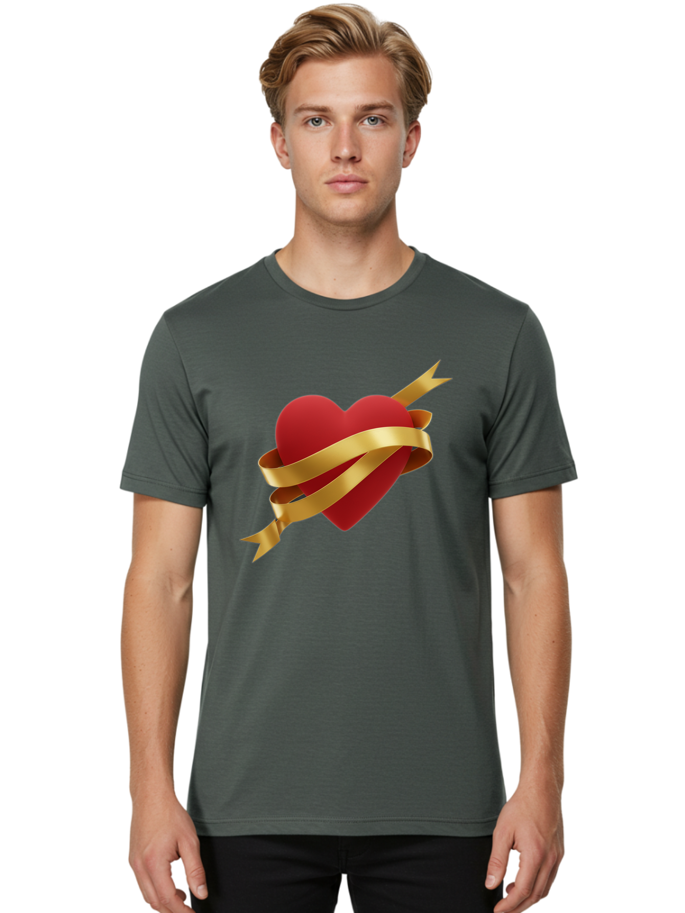 Heart-With-Ribbon-And-Arrow Men'S Graphic Tee, 100% Cotton, Comfortable Casual Summer Wear, Machine Washable, Red Heart, Gold Ribbon, Arrow Through Heart, Love Symbol, Valentines Day, Symbol Of Love, Heart With Ribbon Bae200