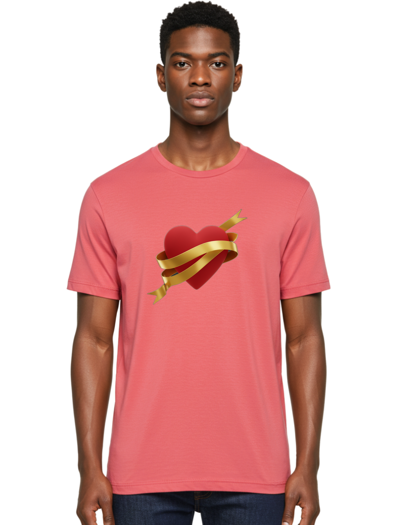 Heart-With-Ribbon-And-Arrow Men'S Graphic Tee, 100% Cotton, Comfortable Casual Summer Wear, Machine Washable, Red Heart, Gold Ribbon, Arrow Through Heart, Love Symbol, Valentines Day, Symbol Of Love, Heart With Ribbon Bae200