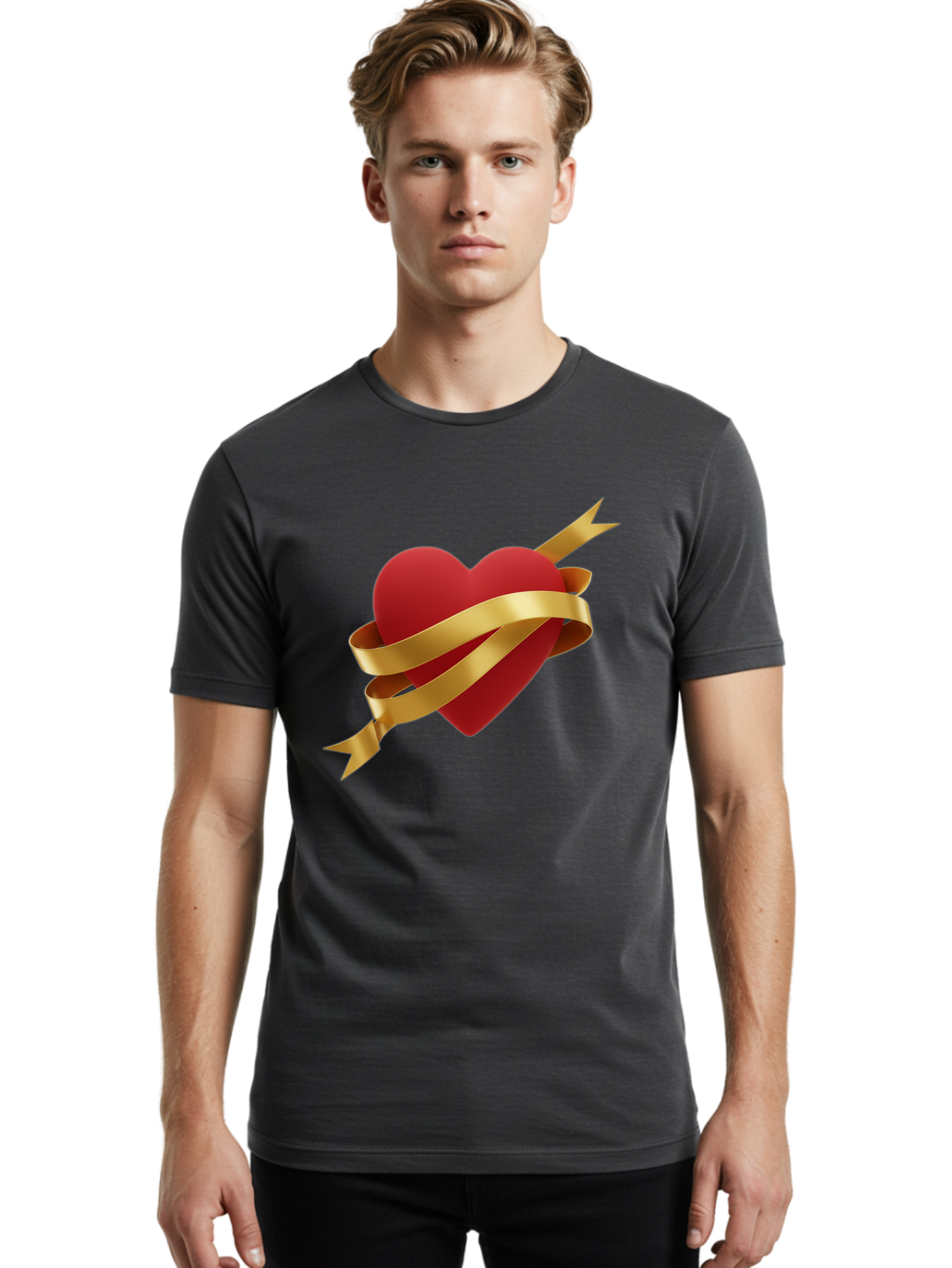 Heart-With-Ribbon-And-Arrow Men'S Graphic Tee, 100% Cotton, Comfortable Casual Summer Wear, Machine Washable, Red Heart, Gold Ribbon, Arrow Through Heart, Love Symbol, Valentines Day, Symbol Of Love, Heart With Ribbon Bae200
