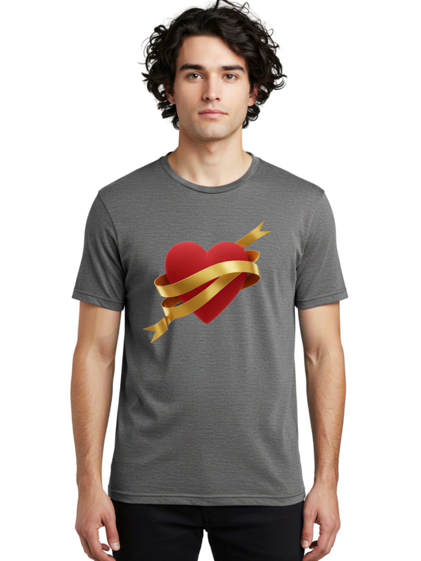 Heart-With-Ribbon-And-Arrow Men'S Graphic Tee, 100% Cotton, Comfortable Casual Summer Wear, Machine Washable, Red Heart, Gold Ribbon, Arrow Through Heart, Love Symbol, Valentines Day, Symbol Of Love, Heart With Ribbon Bae200