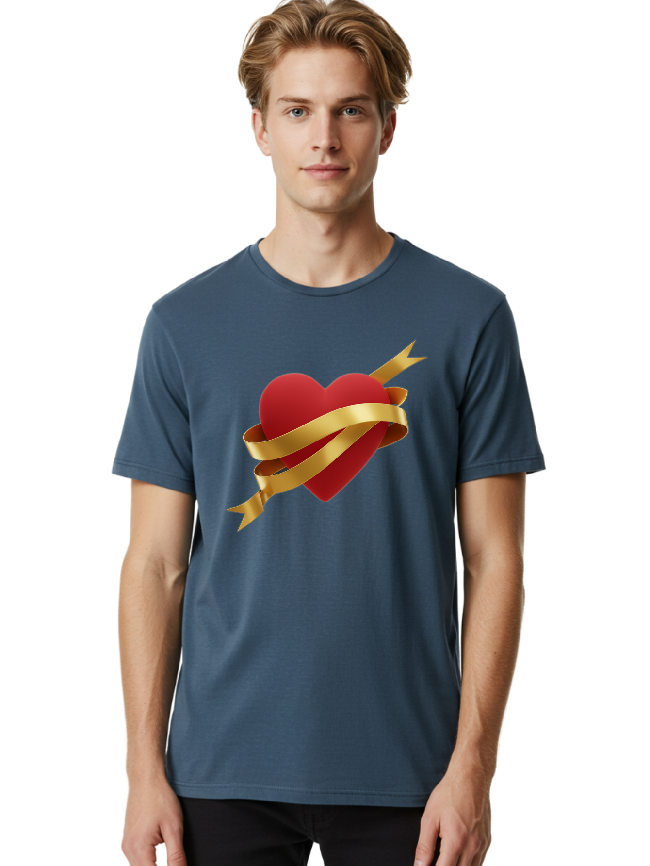 Heart-With-Ribbon-And-Arrow Men'S Graphic Tee, 100% Cotton, Comfortable Casual Summer Wear, Machine Washable, Red Heart, Gold Ribbon, Arrow Through Heart, Love Symbol, Valentines Day, Symbol Of Love, Heart With Ribbon Bae200