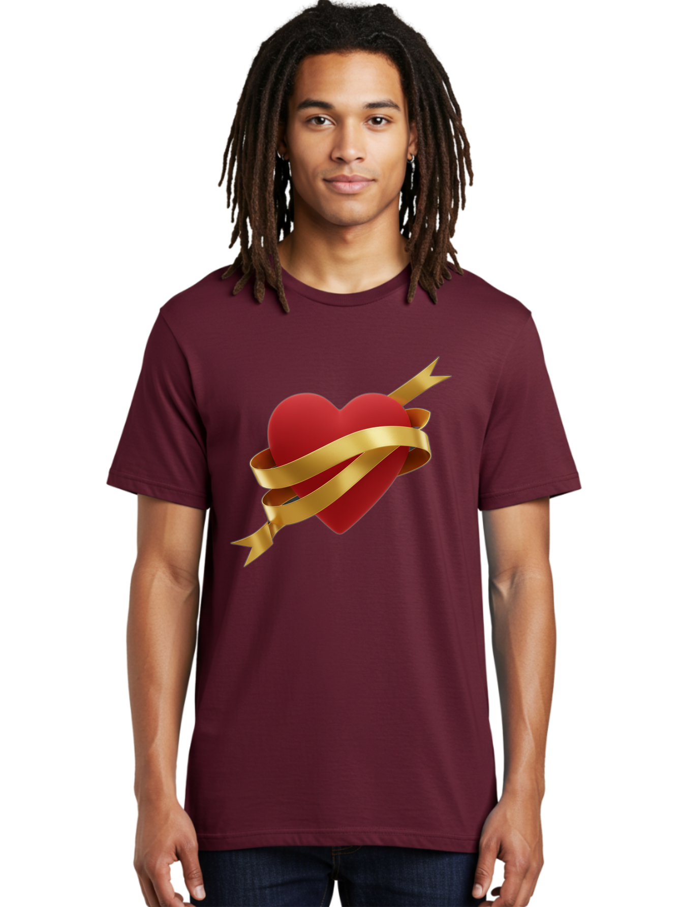 Heart-With-Ribbon-And-Arrow Men'S Graphic Tee, 100% Cotton, Comfortable Casual Summer Wear, Machine Washable, Red Heart, Gold Ribbon, Arrow Through Heart, Love Symbol, Valentines Day, Symbol Of Love, Heart With Ribbon Bae200