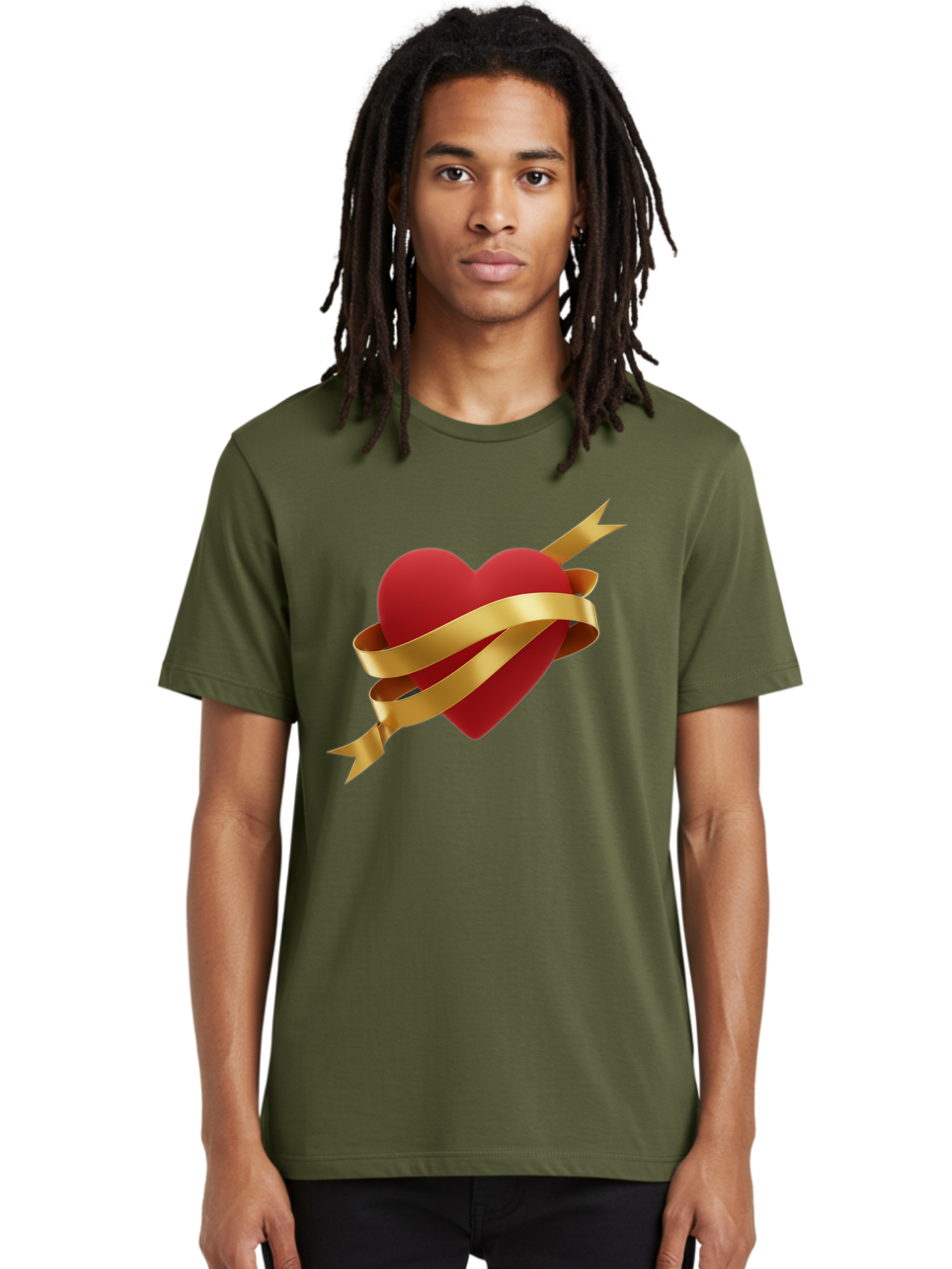 Heart-With-Ribbon-And-Arrow Men'S Graphic Tee, 100% Cotton, Comfortable Casual Summer Wear, Machine Washable, Red Heart, Gold Ribbon, Arrow Through Heart, Love Symbol, Valentines Day, Symbol Of Love, Heart With Ribbon Bae200