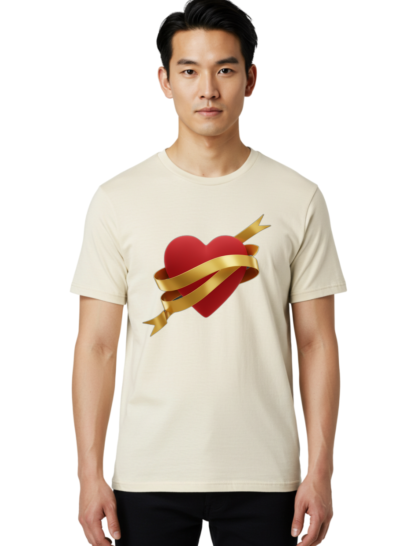Heart-With-Ribbon-And-Arrow Men'S Graphic Tee, 100% Cotton, Comfortable Casual Summer Wear, Machine Washable, Red Heart, Gold Ribbon, Arrow Through Heart, Love Symbol, Valentines Day, Symbol Of Love, Heart With Ribbon Bae200