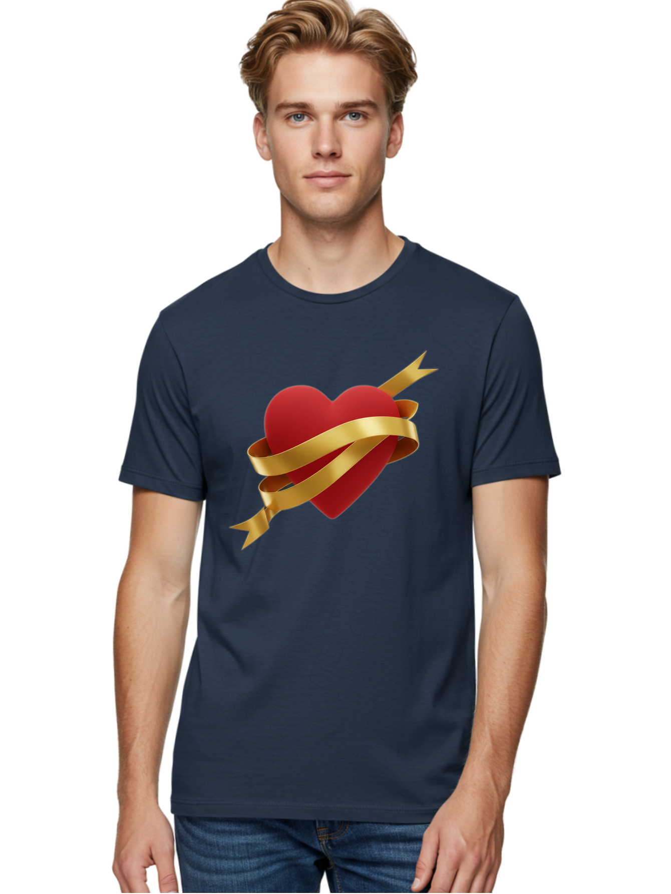 Heart-With-Ribbon-And-Arrow Men'S Graphic Tee, 100% Cotton, Comfortable Casual Summer Wear, Machine Washable, Red Heart, Gold Ribbon, Arrow Through Heart, Love Symbol, Valentines Day, Symbol Of Love, Heart With Ribbon Bae200