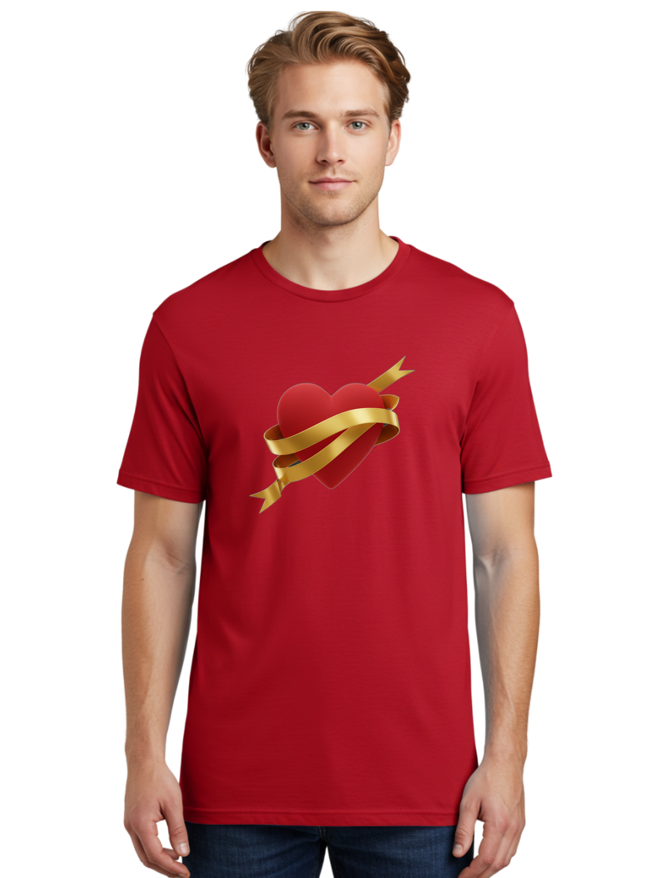 Heart-With-Ribbon-And-Arrow Men'S Graphic Tee, 100% Cotton, Comfortable Casual Summer Wear, Machine Washable, Red Heart, Gold Ribbon, Arrow Through Heart, Love Symbol, Valentines Day, Symbol Of Love, Heart With Ribbon Bae200