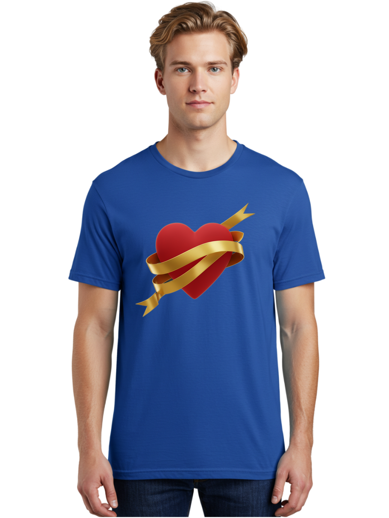Heart-With-Ribbon-And-Arrow Men'S Graphic Tee, 100% Cotton, Comfortable Casual Summer Wear, Machine Washable, Red Heart, Gold Ribbon, Arrow Through Heart, Love Symbol, Valentines Day, Symbol Of Love, Heart With Ribbon Bae200