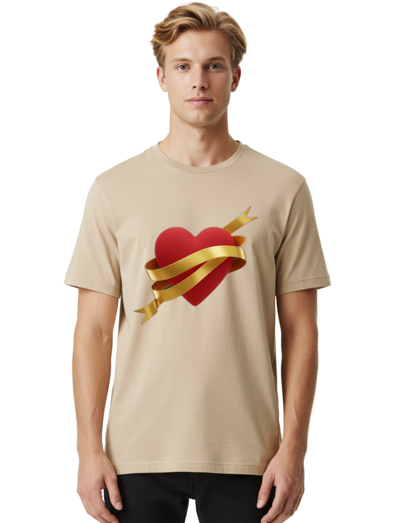 Heart-With-Ribbon-And-Arrow Men'S Graphic Tee, 100% Cotton, Comfortable Casual Summer Wear, Machine Washable, Red Heart, Gold Ribbon, Arrow Through Heart, Love Symbol, Valentines Day, Symbol Of Love, Heart With Ribbon Bae200