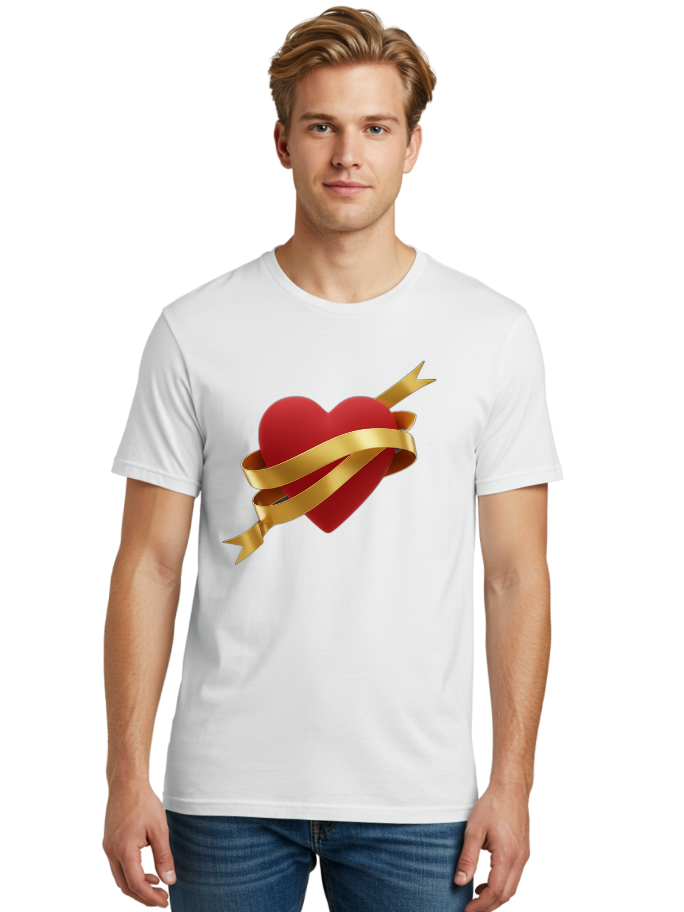 Heart-With-Ribbon-And-Arrow Men'S Graphic Tee, 100% Cotton, Comfortable Casual Summer Wear, Machine Washable, Red Heart, Gold Ribbon, Arrow Through Heart, Love Symbol, Valentines Day, Symbol Of Love, Heart With Ribbon Bae200