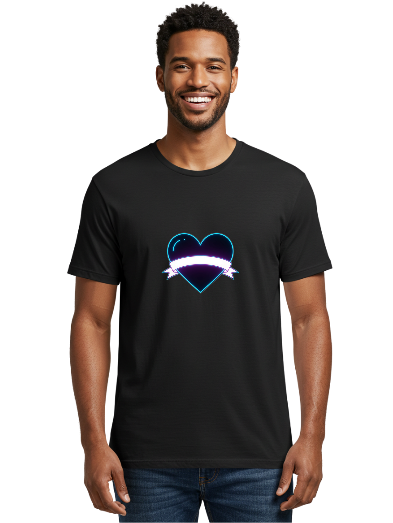 Heart-With-Ribbon Men'S Graphic Tee, 100% Cotton, Comfortable Casual Summer Wear, Machine Washable, Black Heart, White Ribbon, Love Symbol, Heart Icon, Graphic Design Element, Purple Sheen, Shiny Heart, Valentine Symbol Bae201