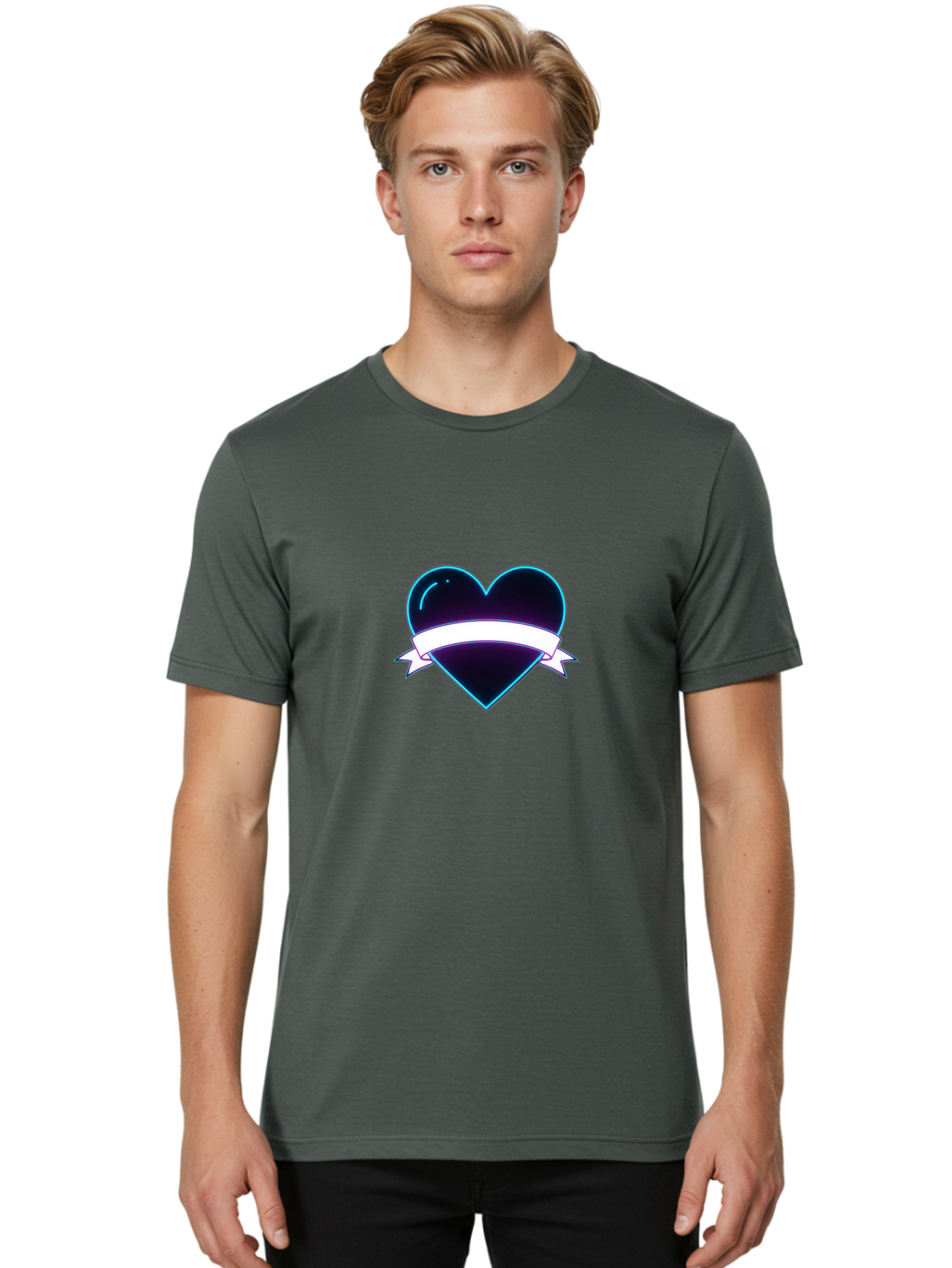 Heart-With-Ribbon Men'S Graphic Tee, 100% Cotton, Comfortable Casual Summer Wear, Machine Washable, Black Heart, White Ribbon, Love Symbol, Heart Icon, Graphic Design Element, Purple Sheen, Shiny Heart, Valentine Symbol Bae201