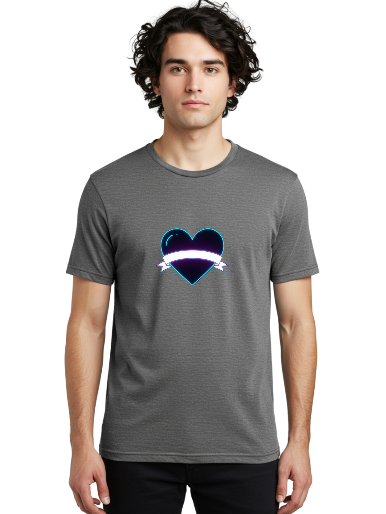Heart-With-Ribbon Men'S Graphic Tee, 100% Cotton, Comfortable Casual Summer Wear, Machine Washable, Black Heart, White Ribbon, Love Symbol, Heart Icon, Graphic Design Element, Purple Sheen, Shiny Heart, Valentine Symbol Bae201