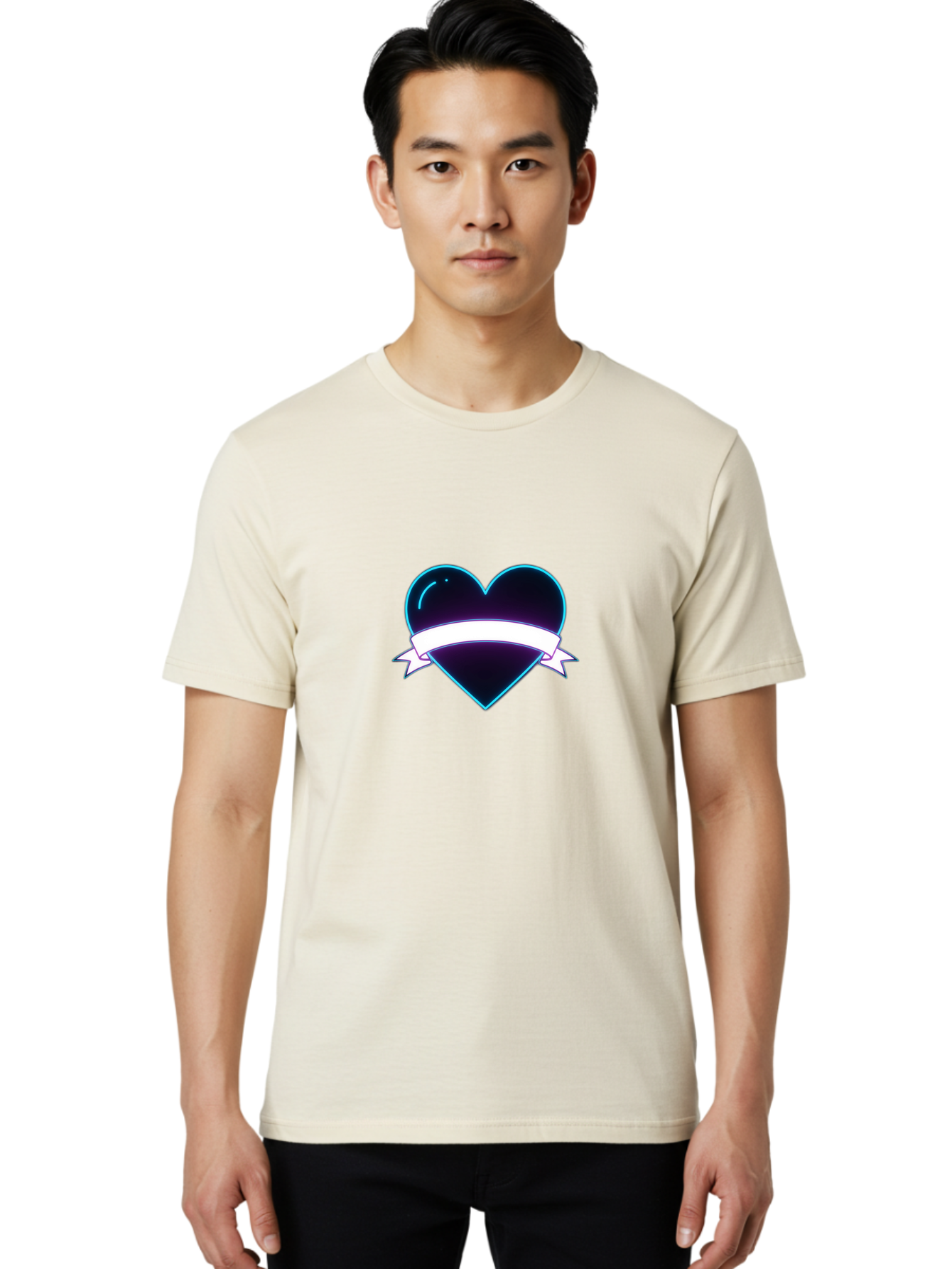 Heart-With-Ribbon Men'S Graphic Tee, 100% Cotton, Comfortable Casual Summer Wear, Machine Washable, Black Heart, White Ribbon, Love Symbol, Heart Icon, Graphic Design Element, Purple Sheen, Shiny Heart, Valentine Symbol Bae201