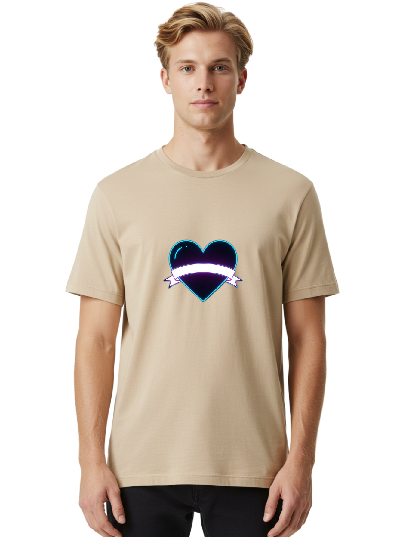 Heart-With-Ribbon Men'S Graphic Tee, 100% Cotton, Comfortable Casual Summer Wear, Machine Washable, Black Heart, White Ribbon, Love Symbol, Heart Icon, Graphic Design Element, Purple Sheen, Shiny Heart, Valentine Symbol Bae201