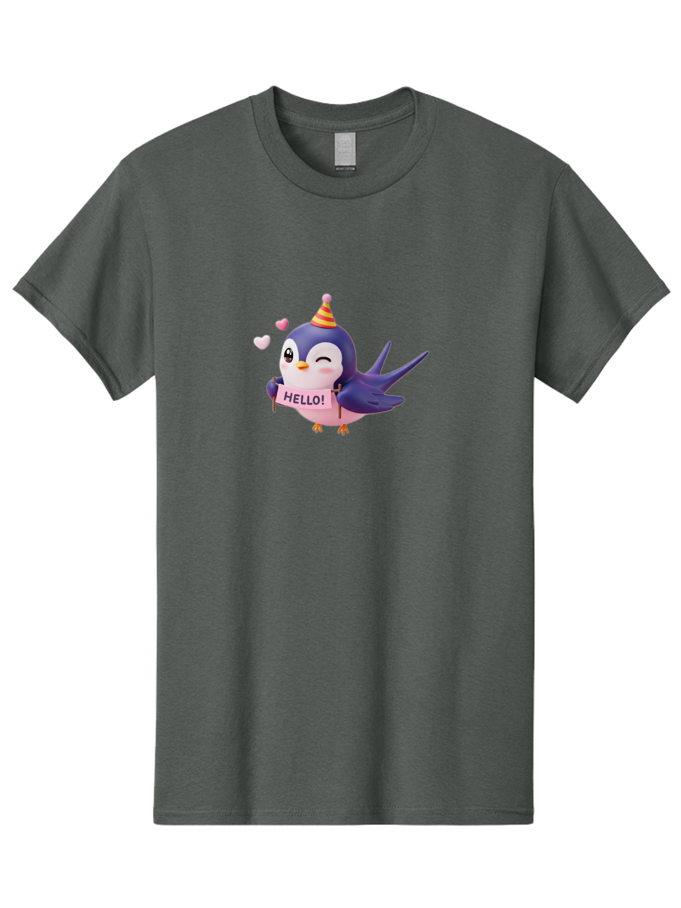 Hello-Bird Men'S Graphic Tee, 100% Cotton, Comfortable Casual Summer Wear, Machine Washable, Cartoon Bird, Party Hat, Hello Sign, Cute Animal, Friendly Greeting, Pink Hearts, Whimsical Design, Digital Illustration, Colorful Character Bae203