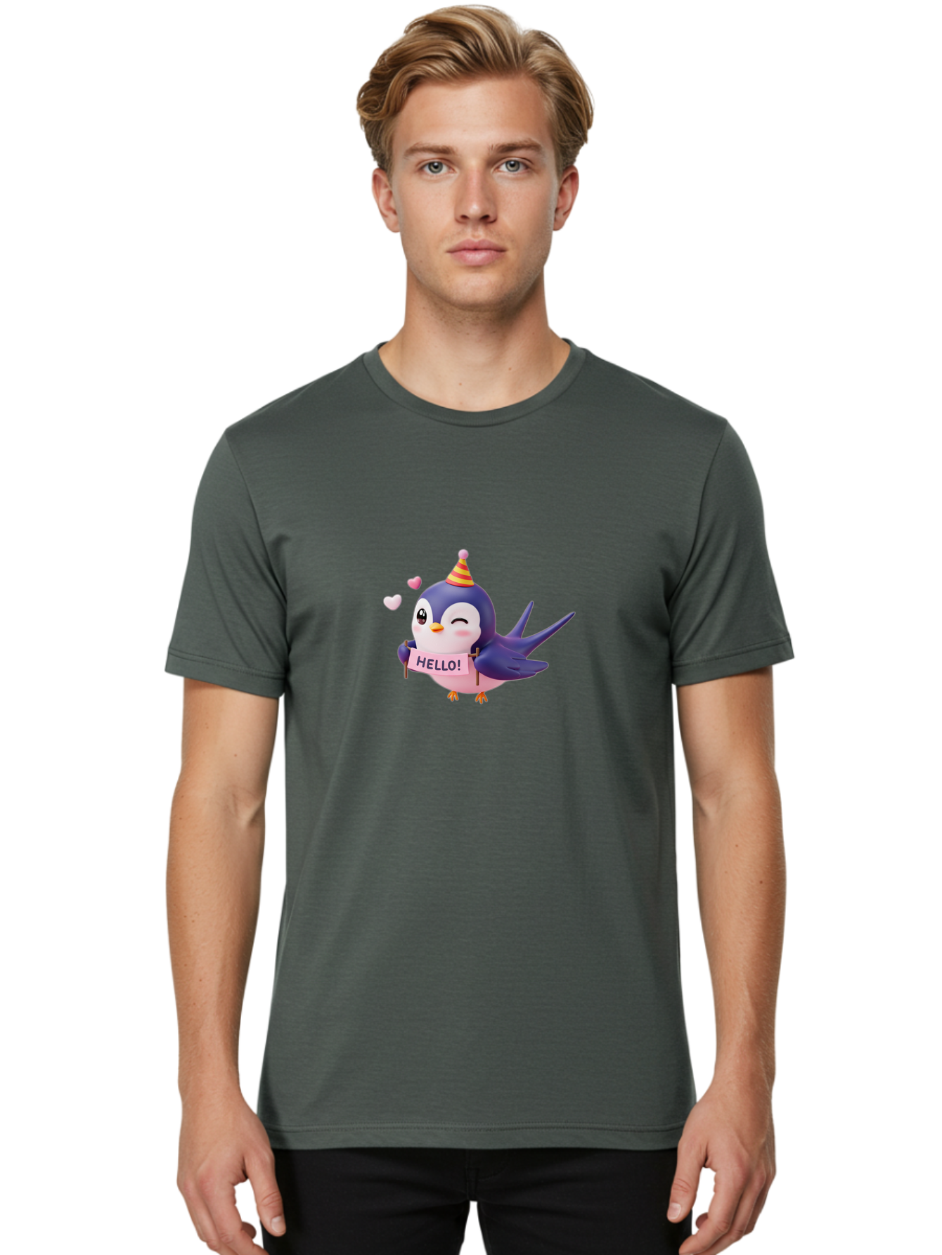 Hello-Bird Men'S Graphic Tee, 100% Cotton, Comfortable Casual Summer Wear, Machine Washable, Cartoon Bird, Party Hat, Hello Sign, Cute Animal, Friendly Greeting, Pink Hearts, Whimsical Design, Digital Illustration, Colorful Character Bae203