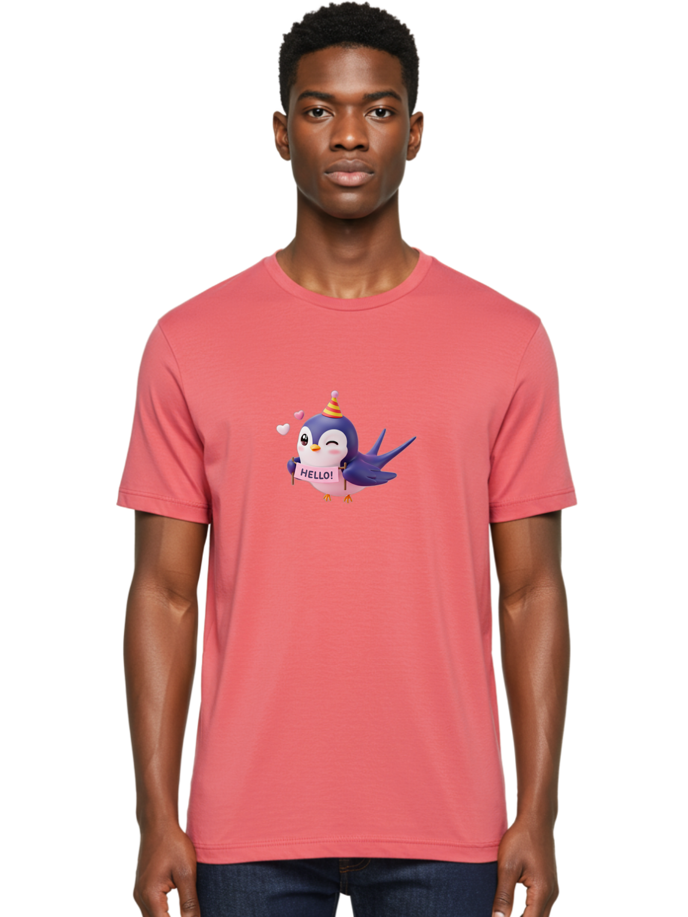 Hello-Bird Men'S Graphic Tee, 100% Cotton, Comfortable Casual Summer Wear, Machine Washable, Cartoon Bird, Party Hat, Hello Sign, Cute Animal, Friendly Greeting, Pink Hearts, Whimsical Design, Digital Illustration, Colorful Character Bae203