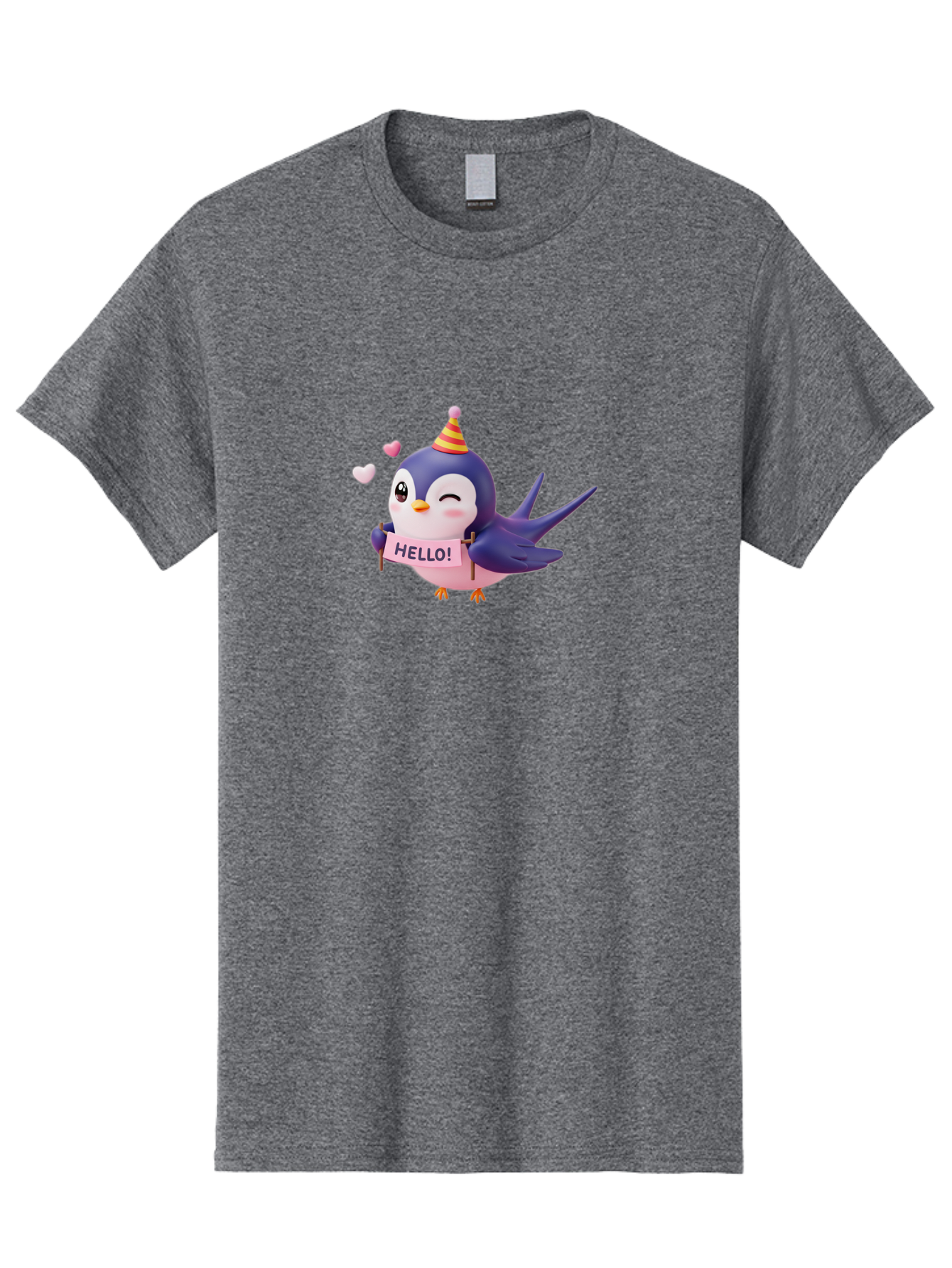 Hello-Bird Men'S Graphic Tee, 100% Cotton, Comfortable Casual Summer Wear, Machine Washable, Cartoon Bird, Party Hat, Hello Sign, Cute Animal, Friendly Greeting, Pink Hearts, Whimsical Design, Digital Illustration, Colorful Character Bae203