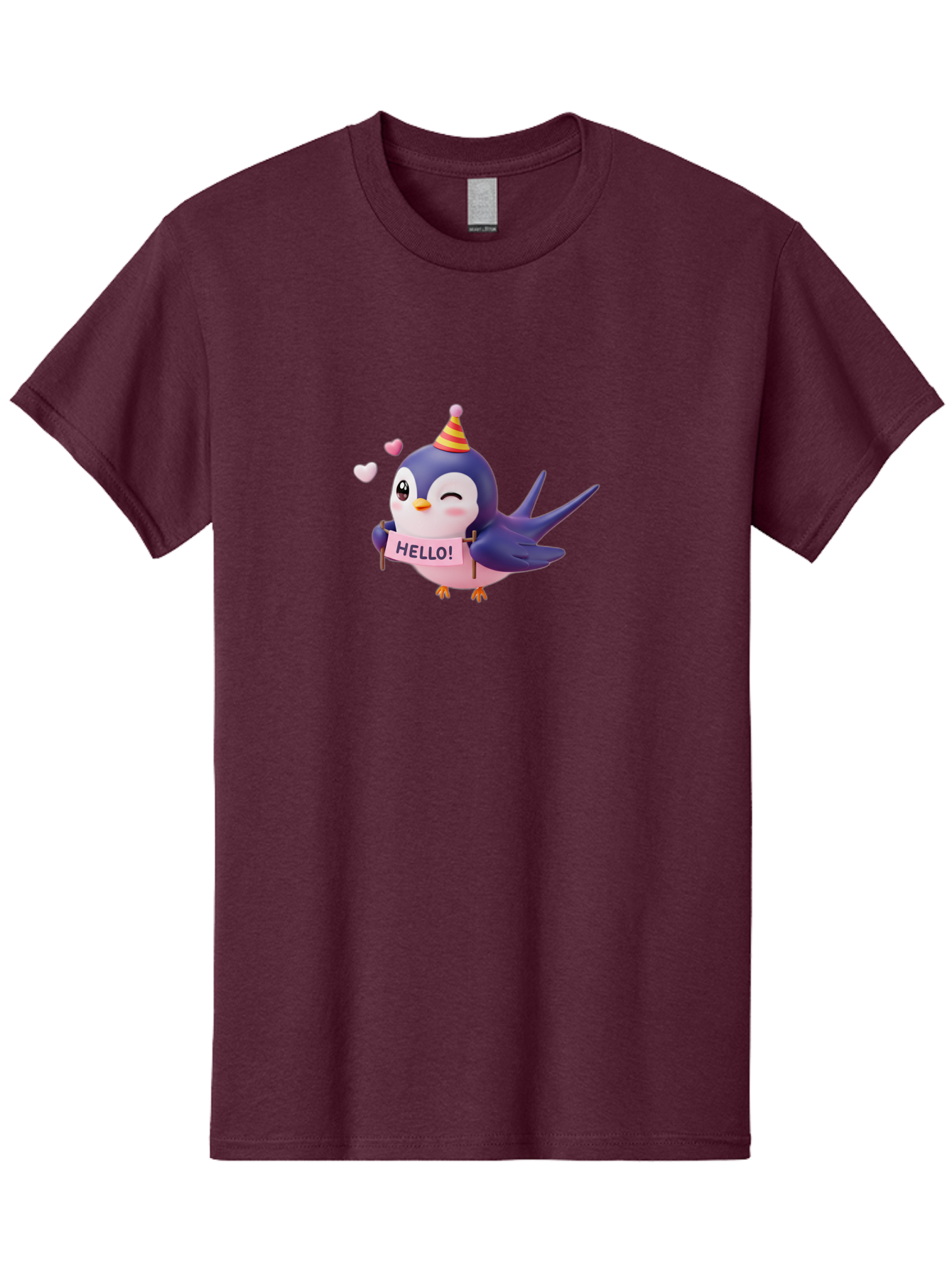 Hello-Bird Men'S Graphic Tee, 100% Cotton, Comfortable Casual Summer Wear, Machine Washable, Cartoon Bird, Party Hat, Hello Sign, Cute Animal, Friendly Greeting, Pink Hearts, Whimsical Design, Digital Illustration, Colorful Character Bae203