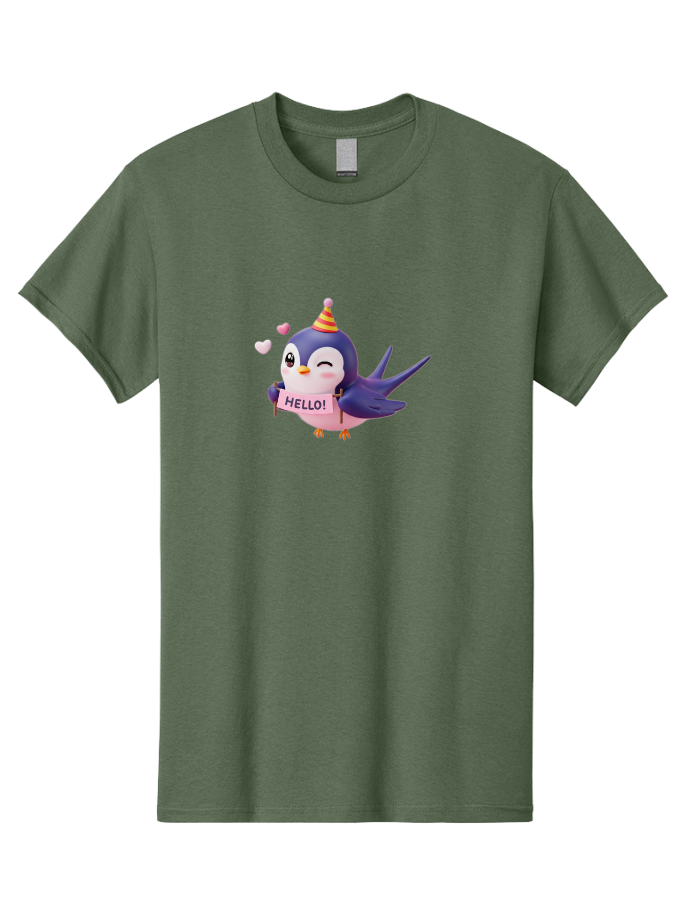 Hello-Bird Men'S Graphic Tee, 100% Cotton, Comfortable Casual Summer Wear, Machine Washable, Cartoon Bird, Party Hat, Hello Sign, Cute Animal, Friendly Greeting, Pink Hearts, Whimsical Design, Digital Illustration, Colorful Character Bae203