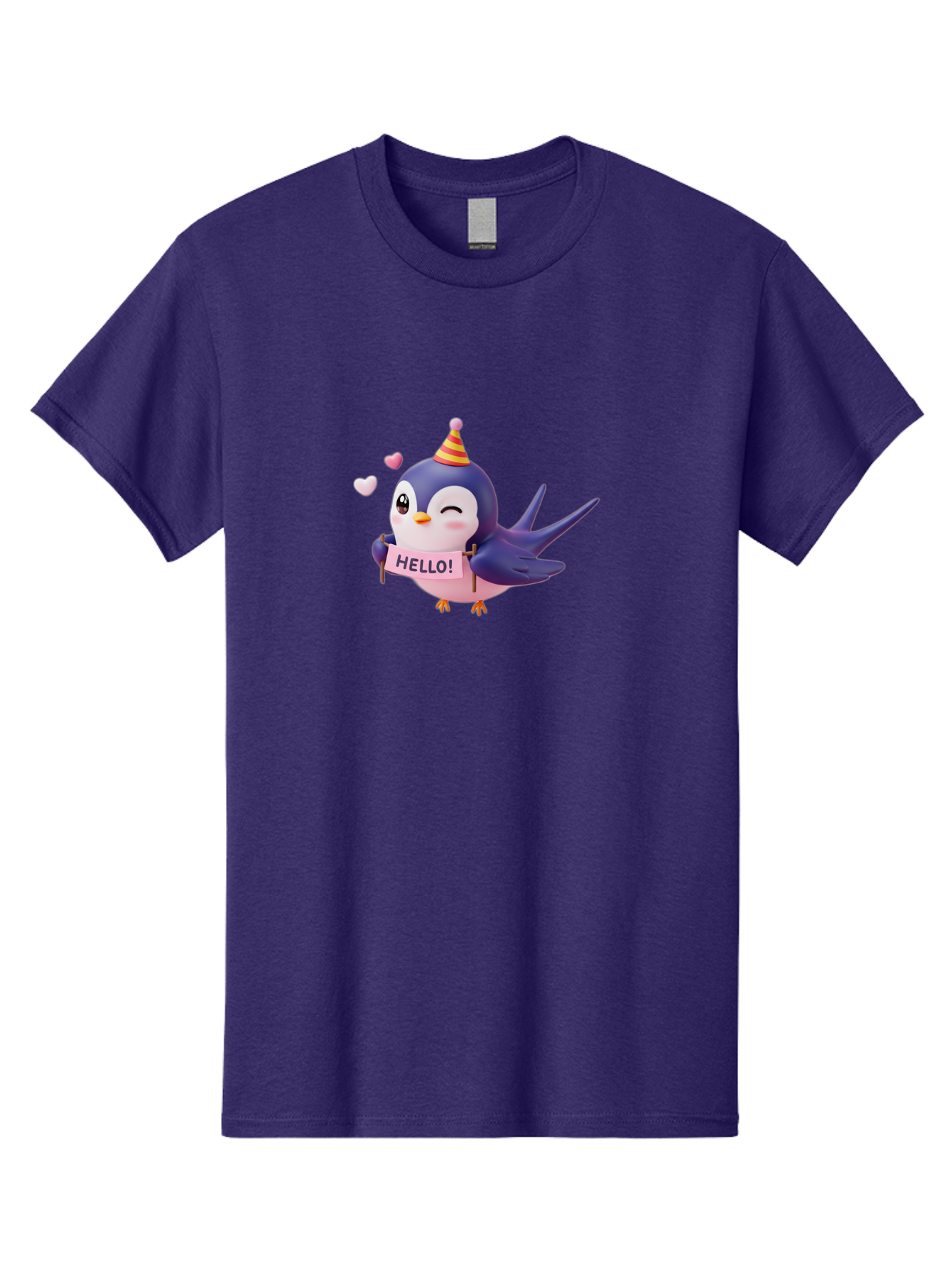 Hello-Bird Men'S Graphic Tee, 100% Cotton, Comfortable Casual Summer Wear, Machine Washable, Cartoon Bird, Party Hat, Hello Sign, Cute Animal, Friendly Greeting, Pink Hearts, Whimsical Design, Digital Illustration, Colorful Character Bae203