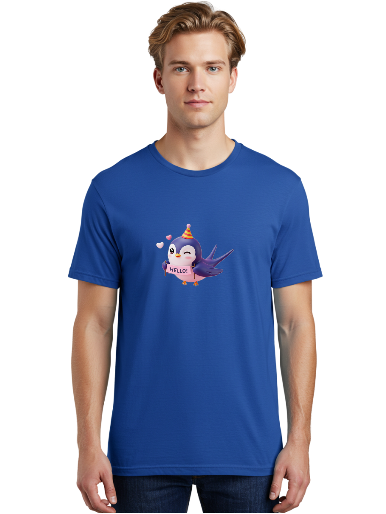 Hello-Bird Men'S Graphic Tee, 100% Cotton, Comfortable Casual Summer Wear, Machine Washable, Cartoon Bird, Party Hat, Hello Sign, Cute Animal, Friendly Greeting, Pink Hearts, Whimsical Design, Digital Illustration, Colorful Character Bae203