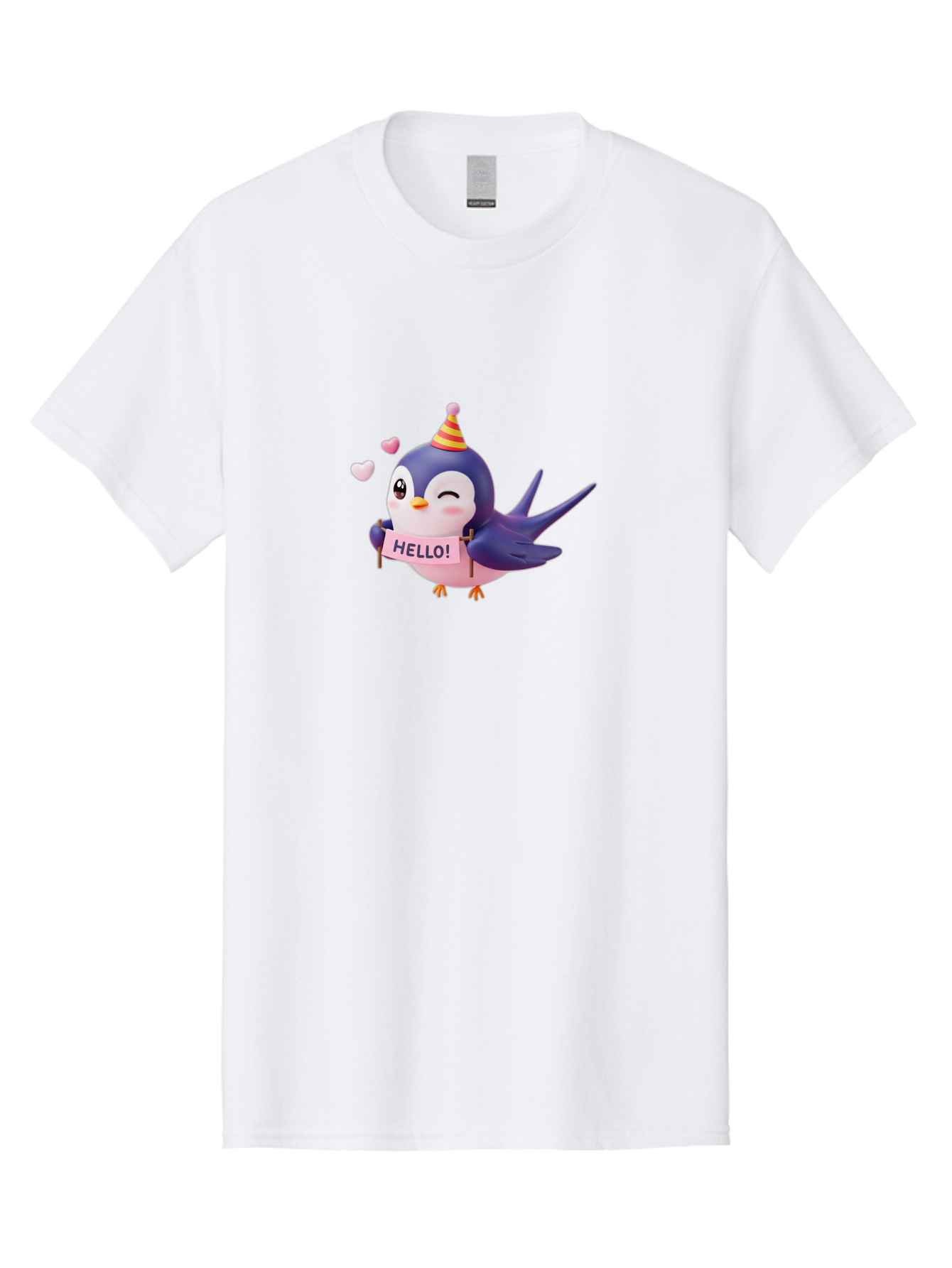 Hello-Bird Men'S Graphic Tee, 100% Cotton, Comfortable Casual Summer Wear, Machine Washable, Cartoon Bird, Party Hat, Hello Sign, Cute Animal, Friendly Greeting, Pink Hearts, Whimsical Design, Digital Illustration, Colorful Character Bae203