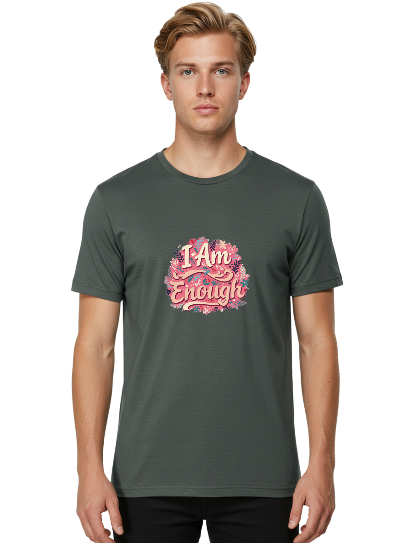 I-Am-Enough-1 Men'S Graphic Tee, 100% Cotton, Comfortable Casual Summer Wear, Machine Washable, Motivational Quote, Affirmation, Floral Design, Feminine Typography, Empowerment, Self-Love, Pink Flowers, Inspirational Art, Positive Thinking, Bae205