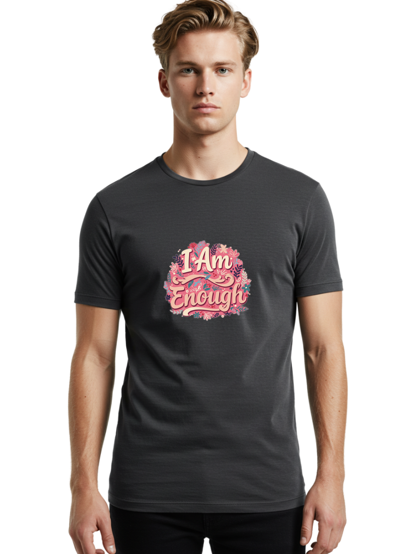 I-Am-Enough-1 Men'S Graphic Tee, 100% Cotton, Comfortable Casual Summer Wear, Machine Washable, Motivational Quote, Affirmation, Floral Design, Feminine Typography, Empowerment, Self-Love, Pink Flowers, Inspirational Art, Positive Thinking, Bae205