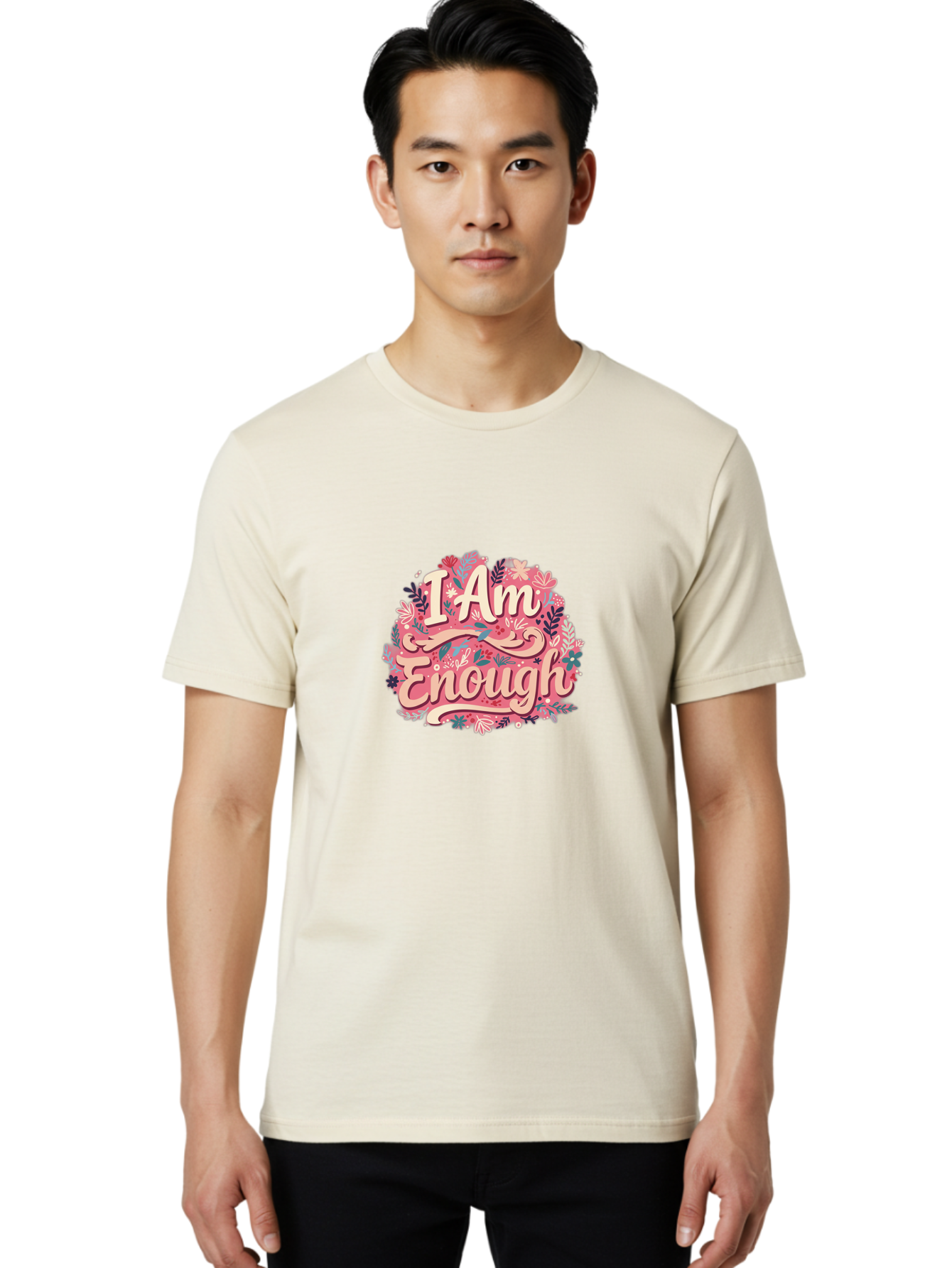 I-Am-Enough-1 Men'S Graphic Tee, 100% Cotton, Comfortable Casual Summer Wear, Machine Washable, Motivational Quote, Affirmation, Floral Design, Feminine Typography, Empowerment, Self-Love, Pink Flowers, Inspirational Art, Positive Thinking, Bae205
